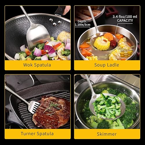 Miniatura 4 de Juego de herramientas de espátula y cucharón para wok, mango largo de 16.5 a 17 pulgadas de largo de acero inoxidable 304, juego de espátula y