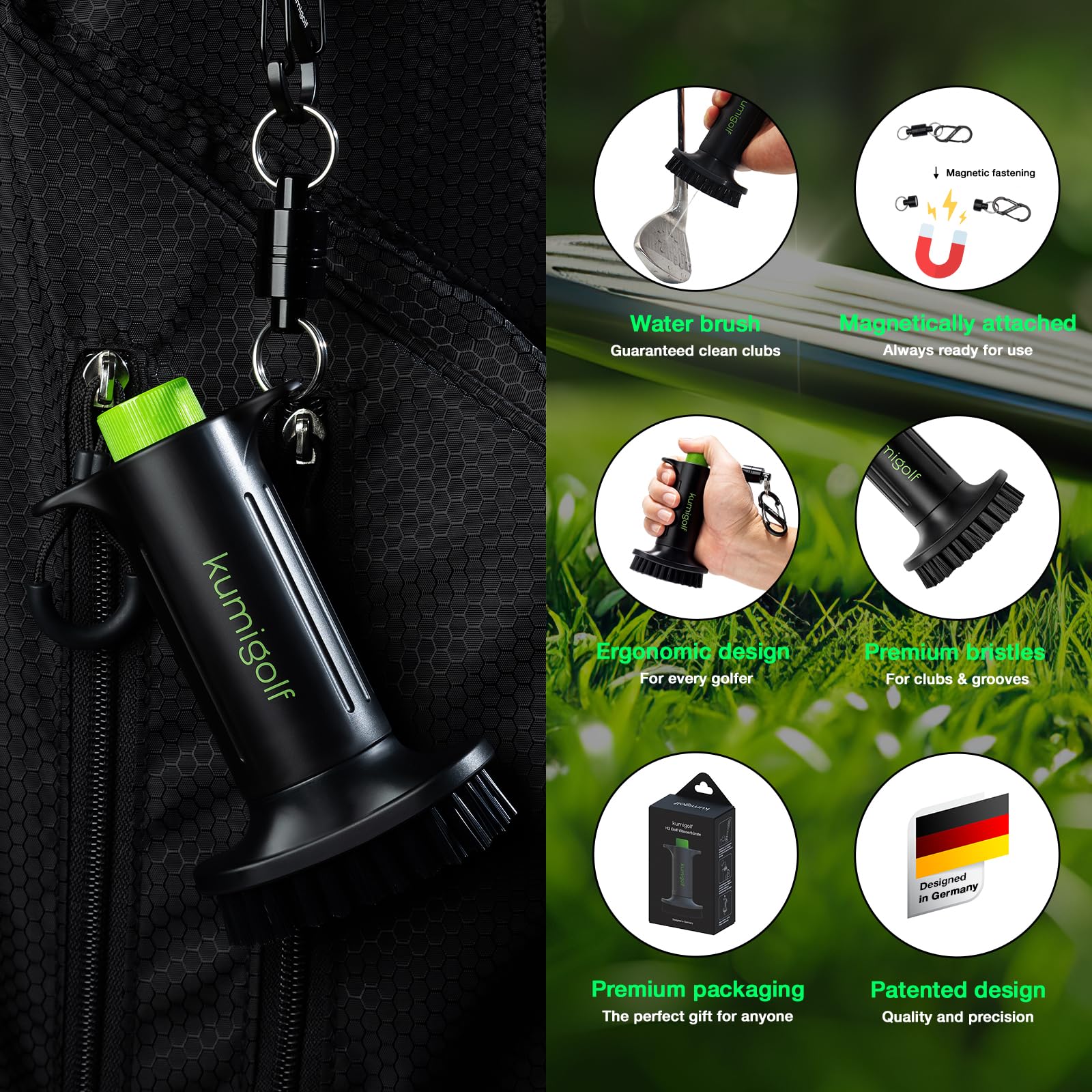 Spazzola d'acqua H3, funzione spray e clip magnetiche, spazzola per mazza da golf e golf club, setole in nylon di alta qualità e resistenti per superfici racchette, scanalature
