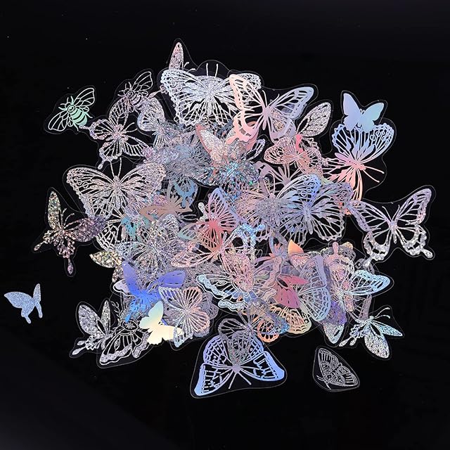 SAVITA 90pcs Glitter Butterfly Stickers, Waterproof Adhesive Holographic Butterfly Sticker Glitter Resin Butterfly Stickers for Scrapbook Bullet Junk Journal Daily Planner Phone Case (Assorted Size)