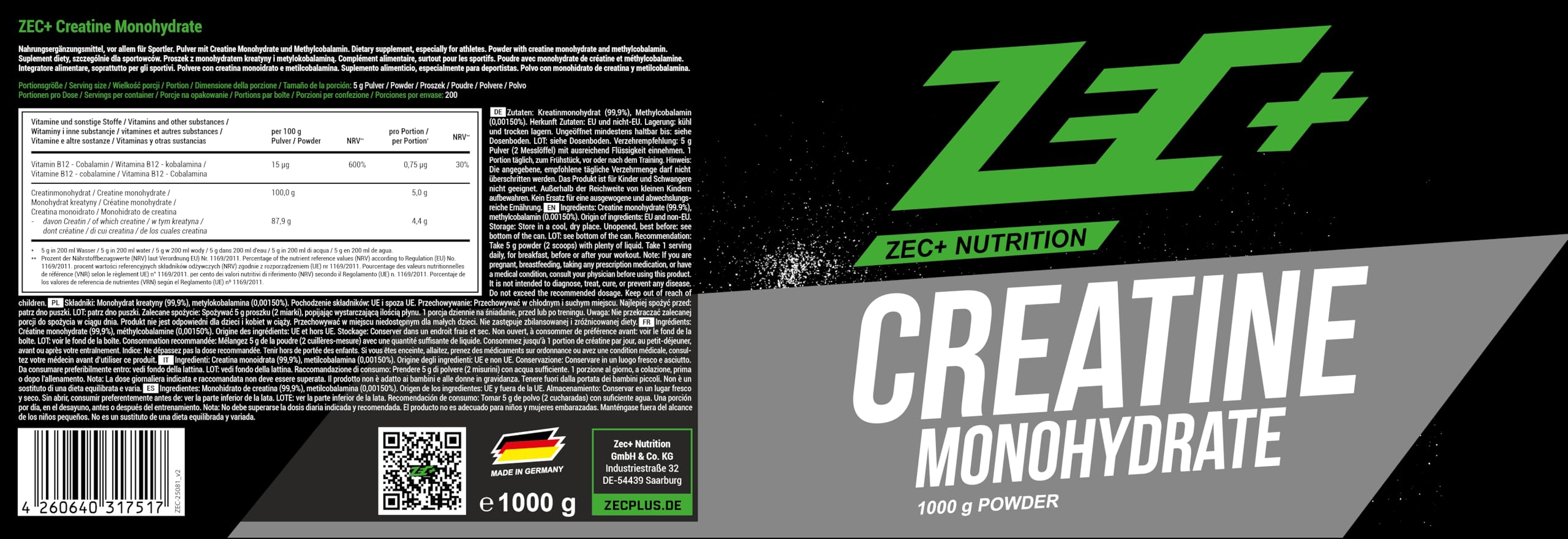 ZEC+ Creatina monohidrato en polvo, 1 kg