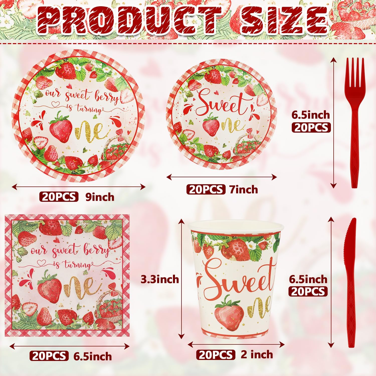 120 PCS 1st Birthday Decor, A Berry Sweet Girl is Turning One Disposable Tableware for Bday Thanksgiving Christmas, Strawberry Sweet One Birthday Tableware Set Plates Napkins Cups Knives Forks for 20 - Image 2