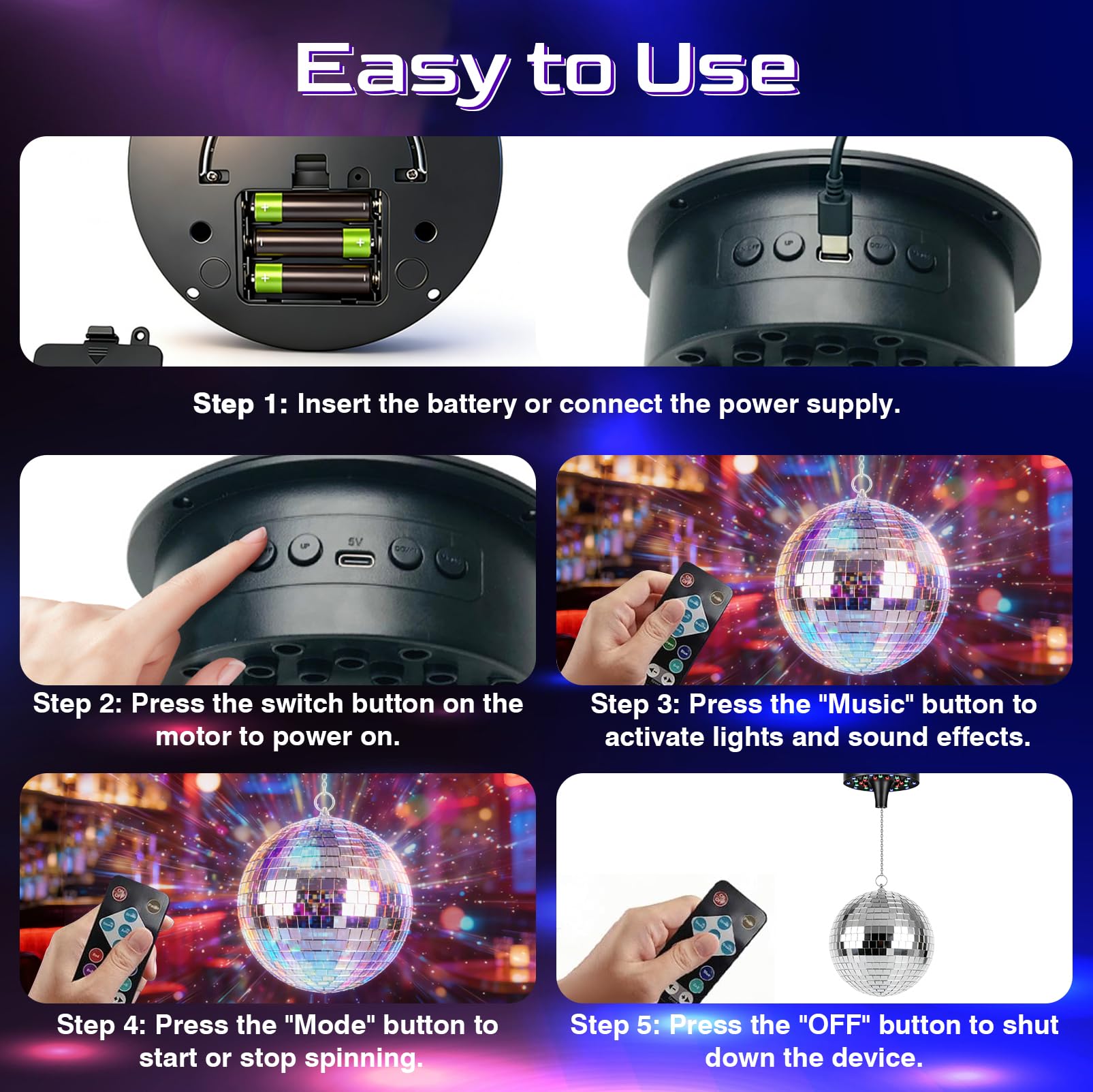 Bola de discoteca con motor y luz, bola de espejo de 20 cm con 30 perlas LED, 6 modos de color, 3 programas, mando a distancia y control de sonido, funciona con USB/batería para fiestas, discotecas