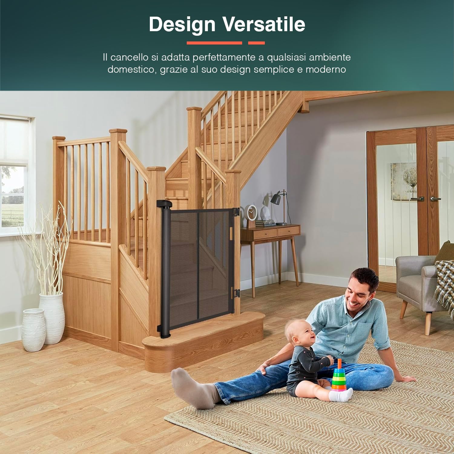 Cancello di Sicurezza per Bambini e Animali Estendibile - Cancelletto Ideale per Scale e Porte, Meccanismo di Blocco Facile, Montaggio a Vite, in ABS e PVC, 130x88 cm, Nero