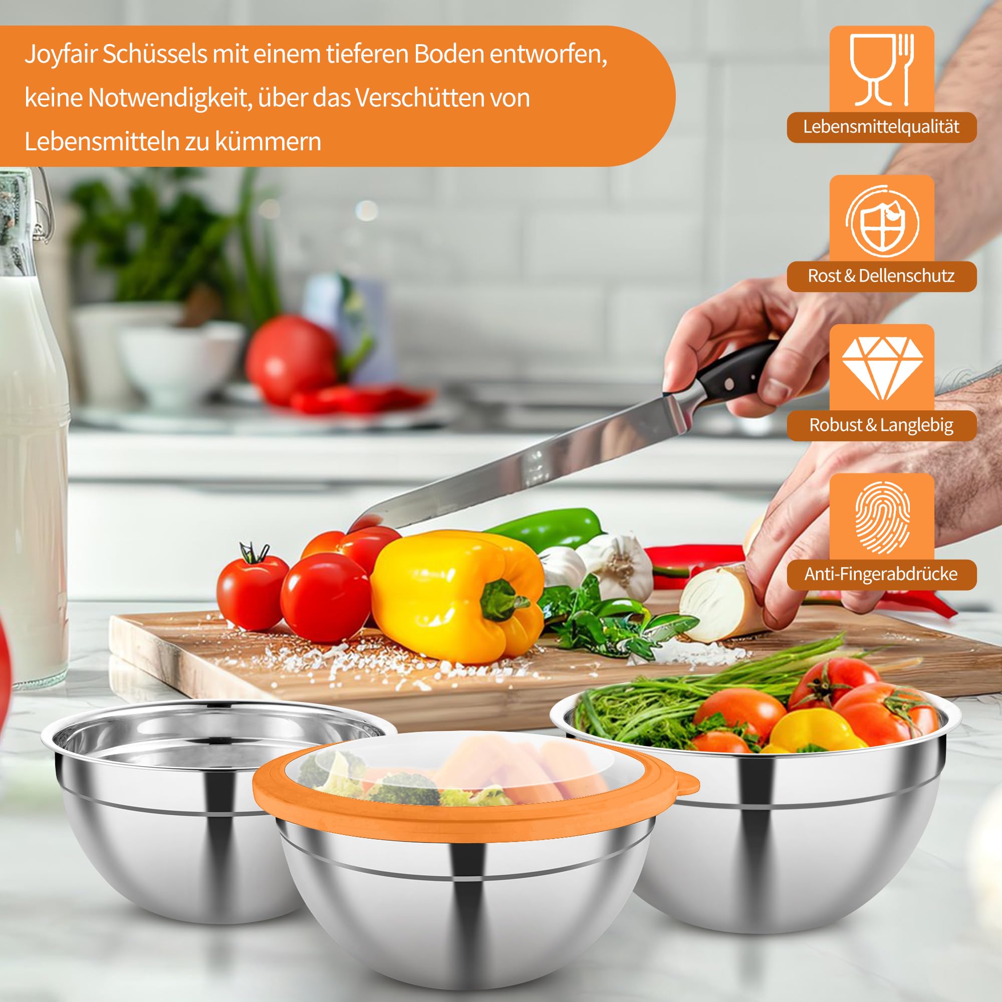 Joyfair Juego de 6 cuencos de acero inoxidable con tapa transparente y 3 accesorios para rallador, 4,5 L, 2,7 L, 2 L, 1,5 L, 1,2 L, 0,7 L, ensaladera para cocinar, apilable y apto para lavavajillas