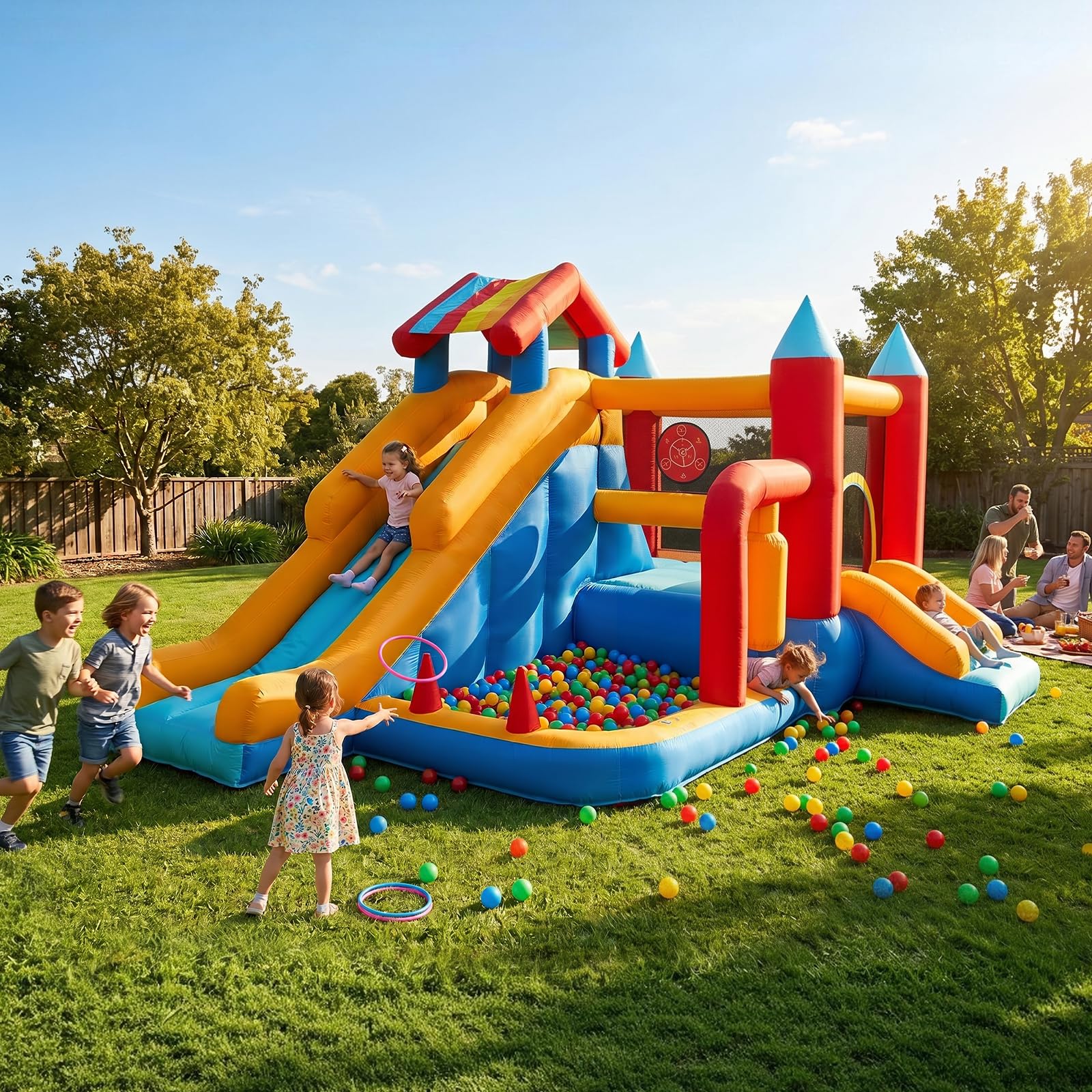 Castillo Hinchable para Niños, FOOING 9 en 1 Casa Inflables con Soplador de Aire, Trampolín, Tobogán, Estante Baloncesto, Pared Escalada, Casa Inflable Interior al Aire Libre para Fiesta Cumpleaños
