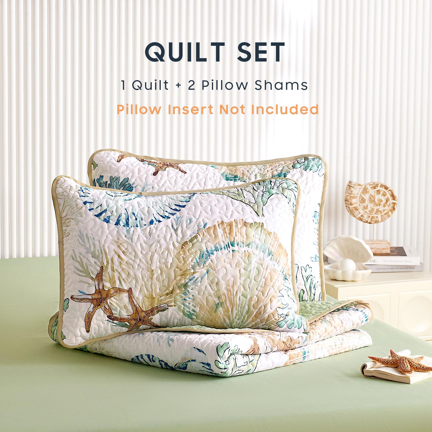 Wake In Cloud - Coastal Quilt Set, Nautical Ocean Beach Themed Tropical Summer Patterned, Reversible Lightweight Bedspread Coverlet, 3 Pieces, Green Tan, King Size