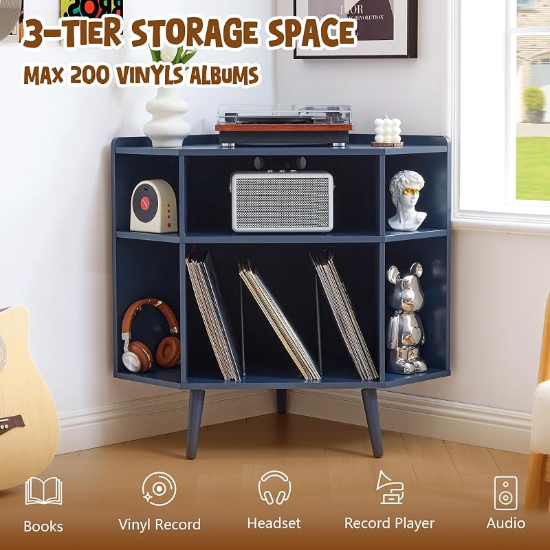 Corner Record Player Stand with Charging Station & USB Ports image 5