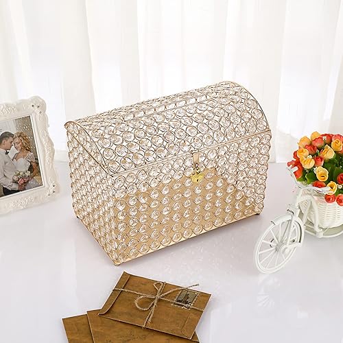 Miniatura 9 de ELLDOO Caja de tarjetas de boda de cristal con cerradura de corazón, caja de tarjetas de dinero, estilo cofre del tesoro, regalo dorado para