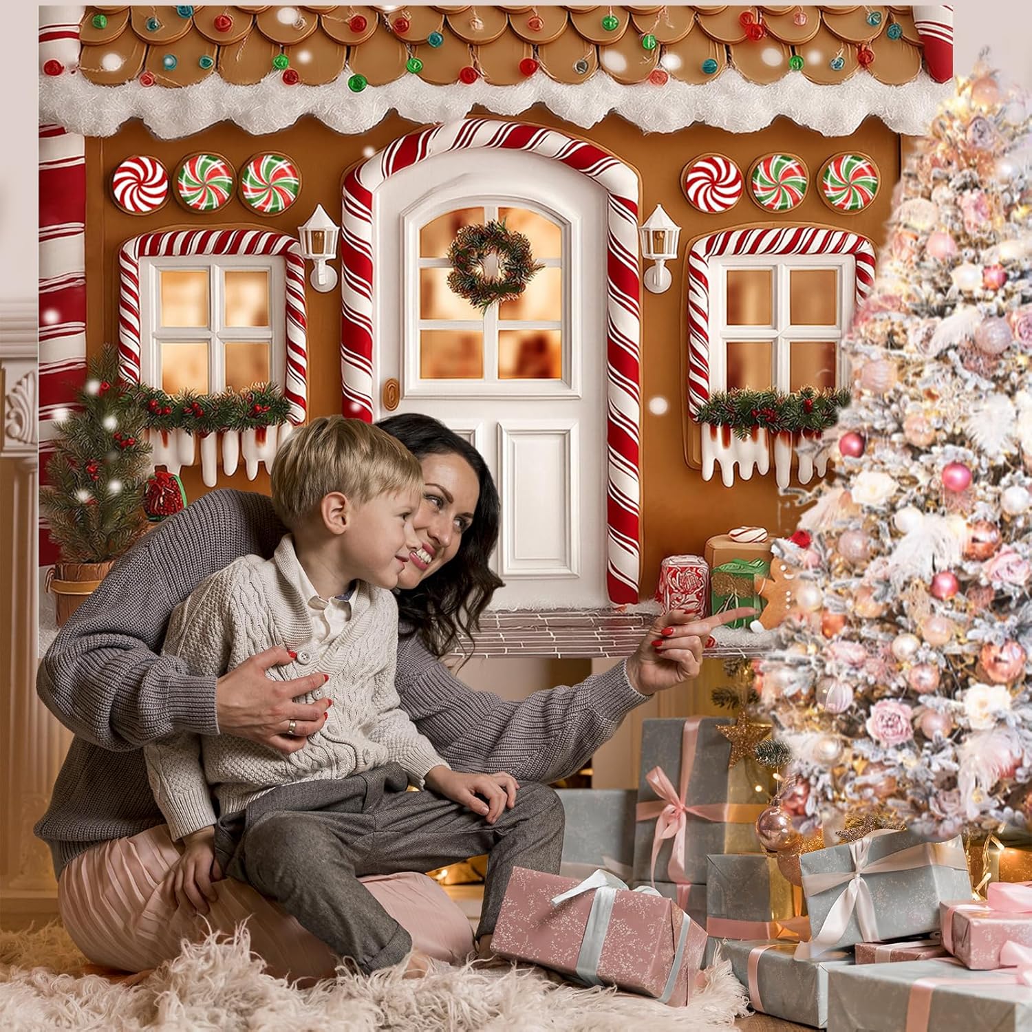 Mocsicka Gingerbread Christmas Backdrop Christmas Candy Cane Party Background Decorations Gingerbread House Family Holiday Party Photography Decorations Props (7x5ft)