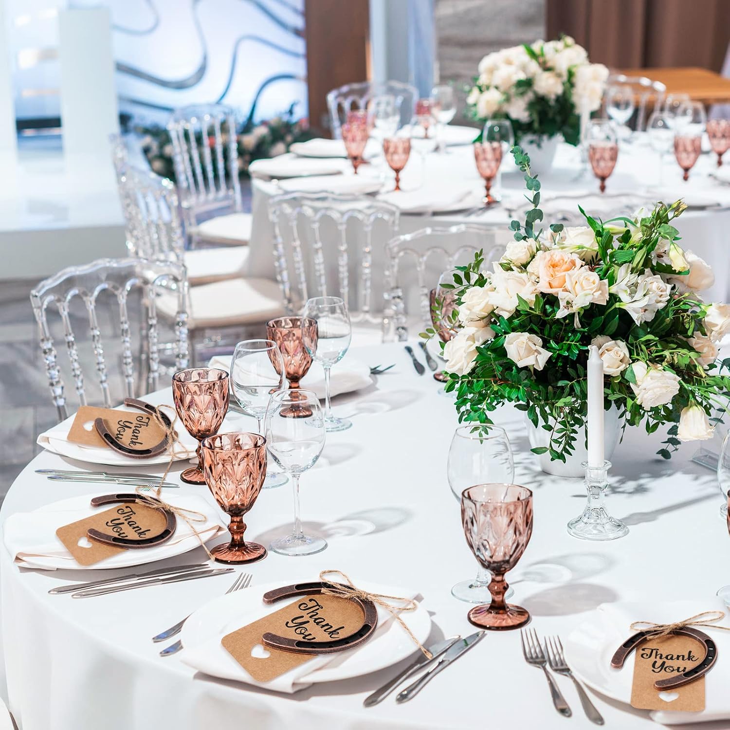 Leinuosen 24 Pcs Good Lucky Horseshoe with Thank You Kraft Tags and Rope, Western Rustic Horseshoe Charms, Metal Horse Gifts for Vintage Wedding Birthday Cowboy Cowgirl Party Favors - Image 7