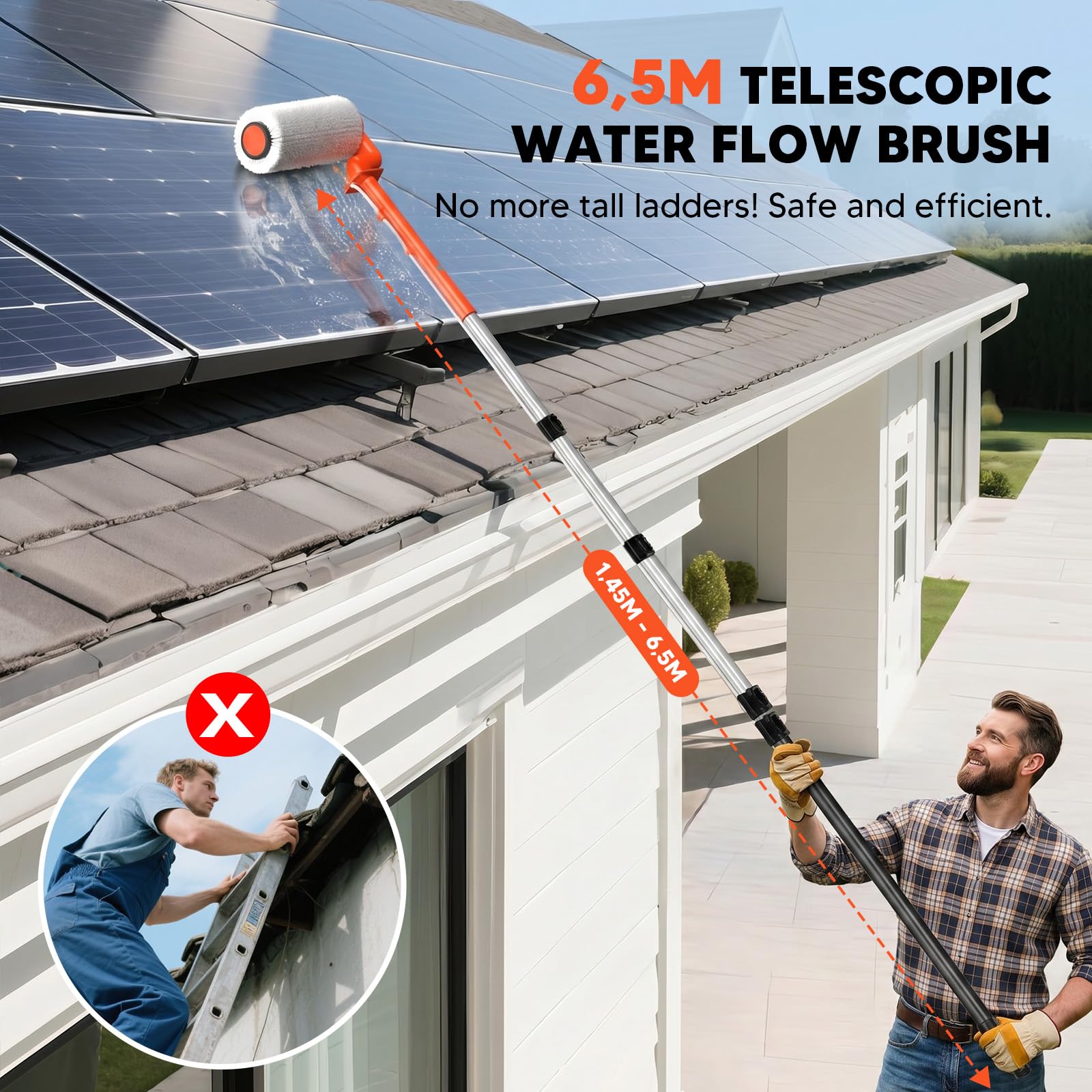 Spazzola Elettrica per la Pulizia di Pannelli Solari: Kit di Pulizia per Pannelli Solari con Asta Regolabile Alimentata ad Acqua da 6,1 m con Tubo dell'Acqua da 7 m - Spazzola Fotovoltaica