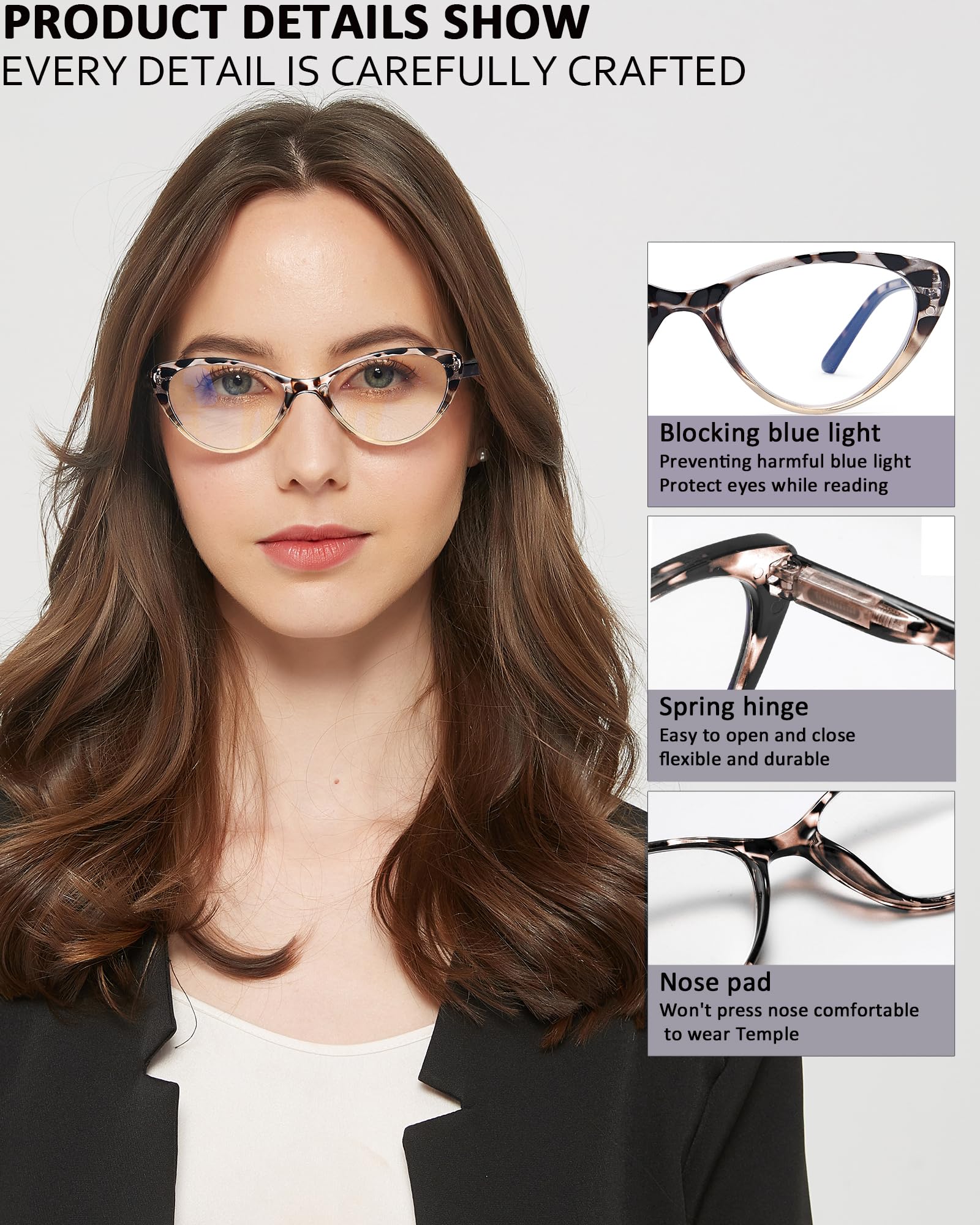 EYEURL Duże okulary do czytania dla kobiet, 5 sztuk, niebieskie okulary do czytania blokujące światło dla kobiet, modna kwadratowa ramka