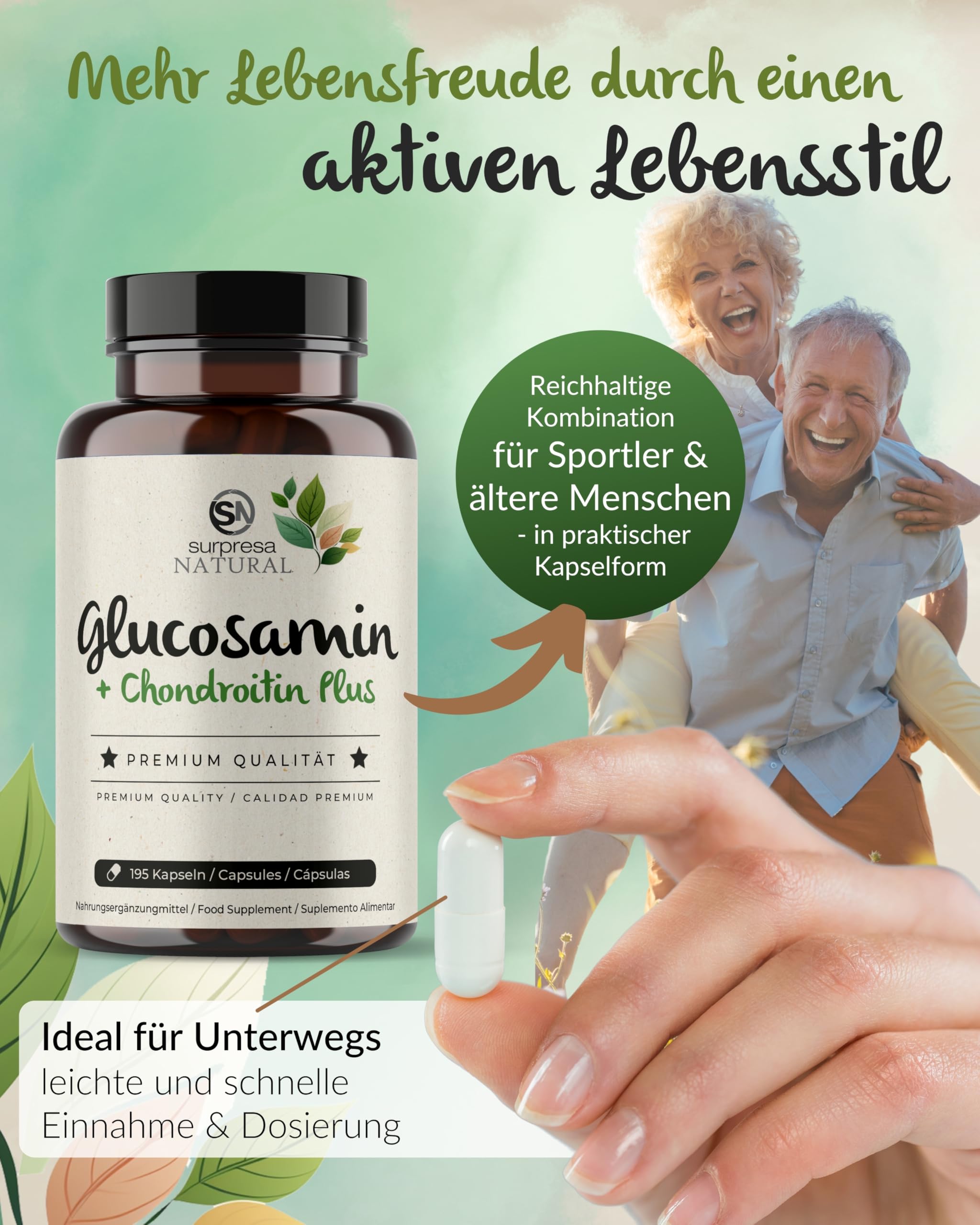 Glucosamin-Chondroitin-Kapseln hochdosiert I 1 x 195 Kapseln I 1500 mg Glucosamin & 1200 mg Chondroitin pro Tagesdosis I Nahrungsergänzungsmittel ohne Zusatzstoffe & laborgeprüft