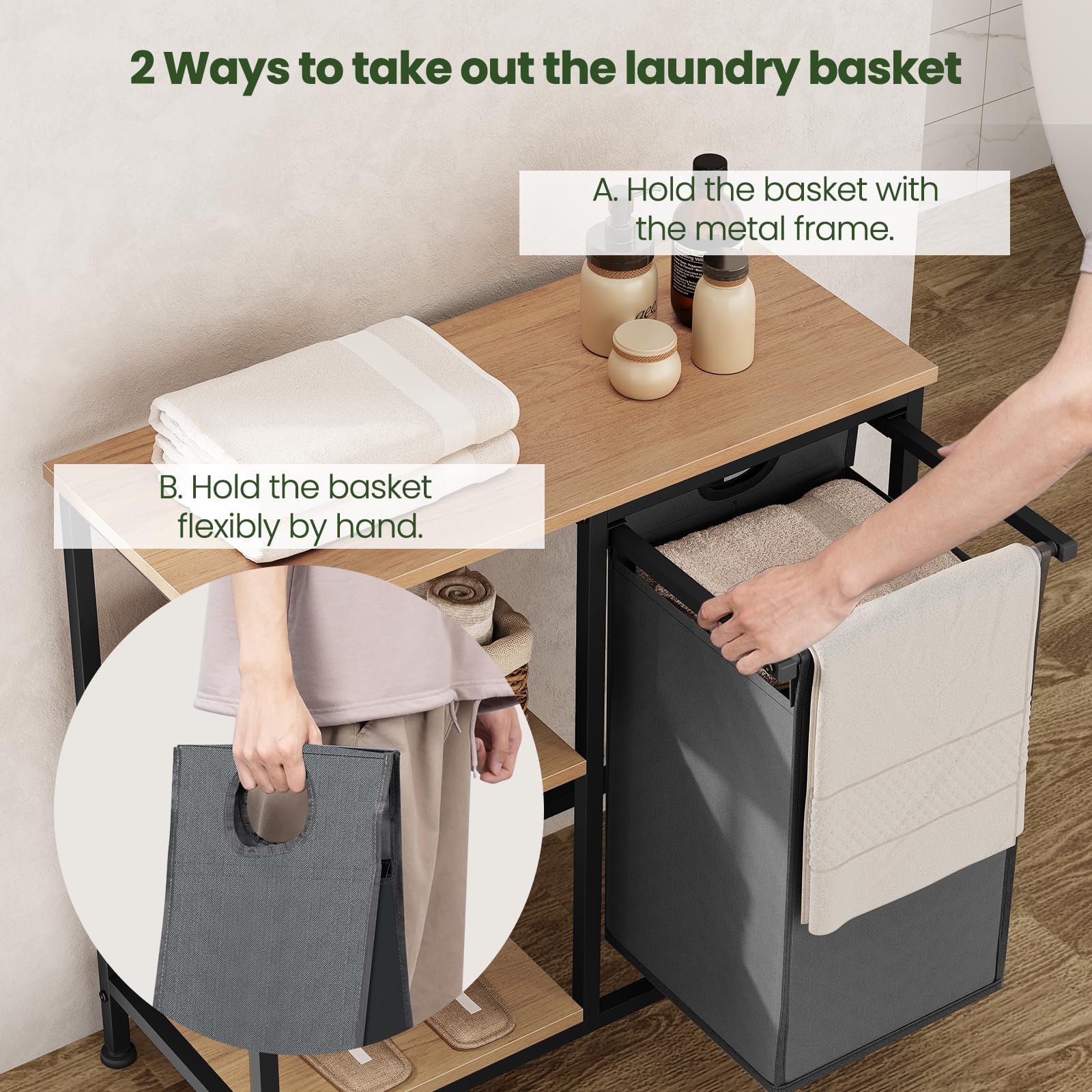 EUGAD Estanteria de Baño con Cesto para Ropa Sucia, Saco Extraíble, Mueble Lavandería de 3 Niveles, Cesta Ropa Sucia de Tela Oxford 31 L, 70x30x65 cm