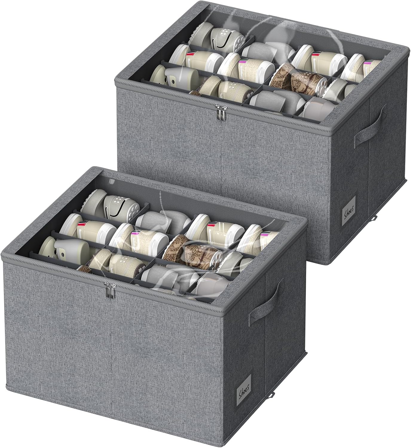 Shoe Organizer for Closet-2 Pack Foldable Shoe Storage Organizer Box with Clear Cover,Handles Fits up to 32 Pairs (Beige, 19.7 * 15.7 * 12.6in)