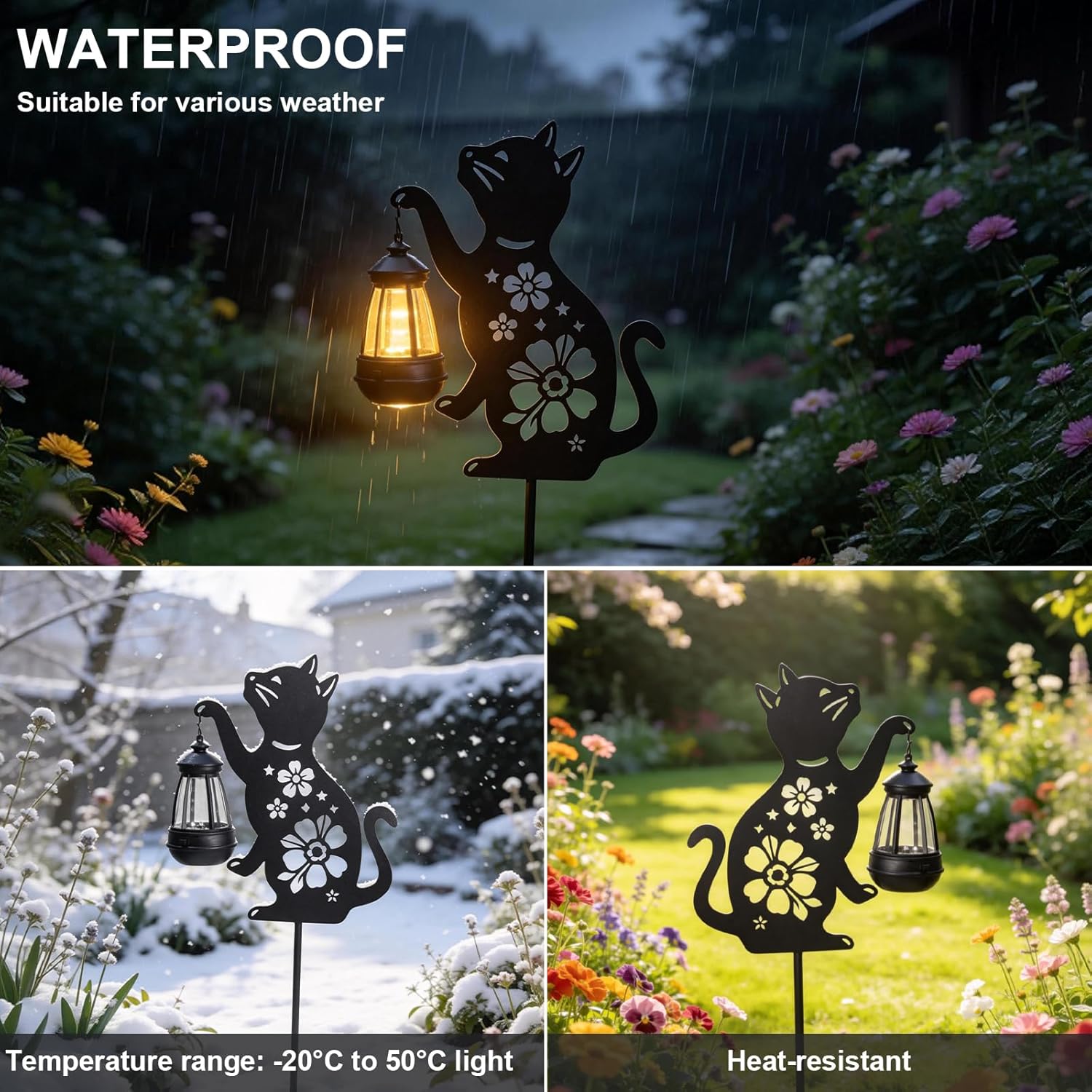 2 Pack Black Cat Solar Lights Set Metal Decorative Solar Cat Hanging Lights Outdoor Set Unisex Pet Gift Waterproof Garden Decor,Outdoor Ornament Perfect for Women' Birthdays, Mother's Day