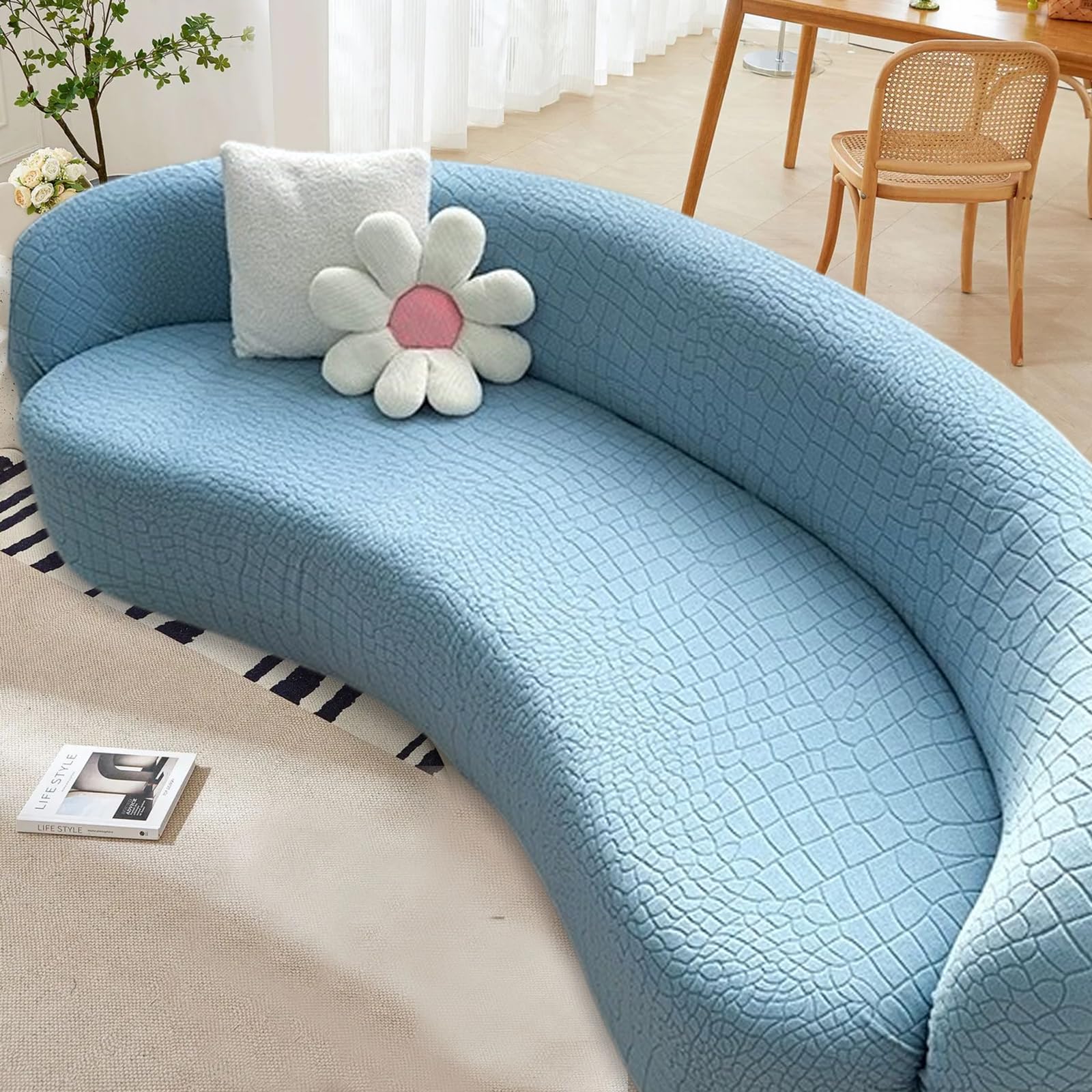 Housse de canapé incurvée extensible et antidérapante en tissu durable de couleur unie