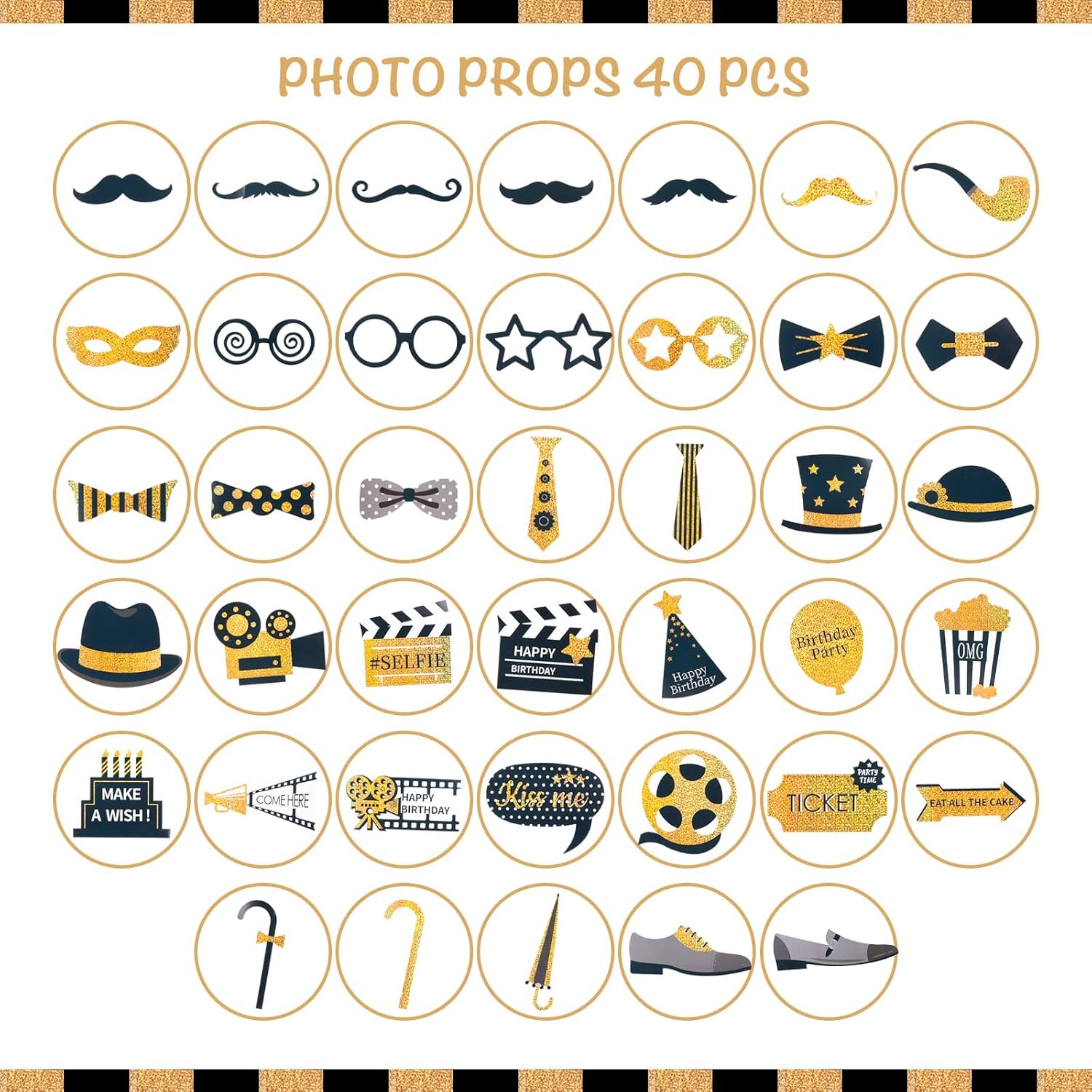 PartyWoo Photo Booth Props Birthday, 40 pcs Glitter Photo Booth Backdrops with Large Hats Glasses Mustaches, Black and Gold Party Favors Signs for Selfie Photobooth 30th 40th 50th 90th Birthday Men : Home & Kitchen