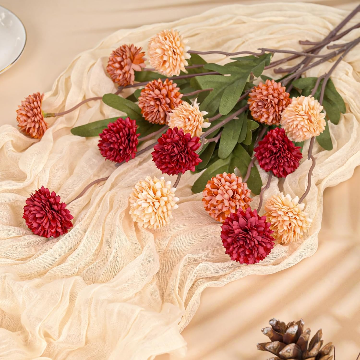 10 Stems Multicolor Artificial Chrysanthemums Flowers with 2 Stems Eucalyptus Leaves, Faux Silk Pompon Mum Bulk Fake Small Mini Mums Flowers for Wedding, Festive Centerpieces and Cheerful Home Decor