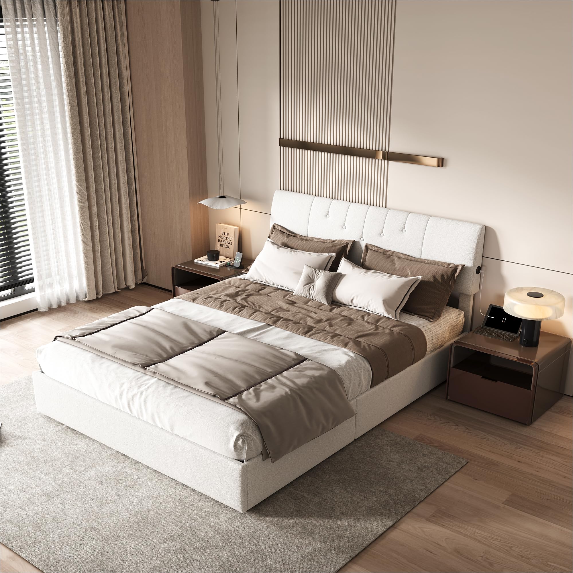 BRILVERDE Letto matrimoniale 140 x 190 con vano portaoggetti con USB, letto cassettiera con rete a doghe e testiera imbottita, per adulti e adolescenti, in pile Teddy (beige, 140 x 190 cm)