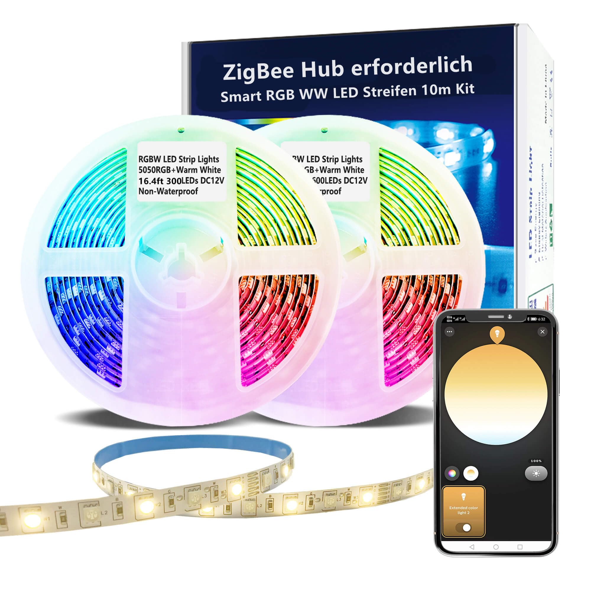 Bande LED ZigBee RGBW - Kit intelligent à intensité variable - Contrôleur ZigBee 3.0 - Fonctionne avec Hub Bridge Echo Plus pour application / Alexa - Commande vocale RVB - Blanc chaud - Bande LED