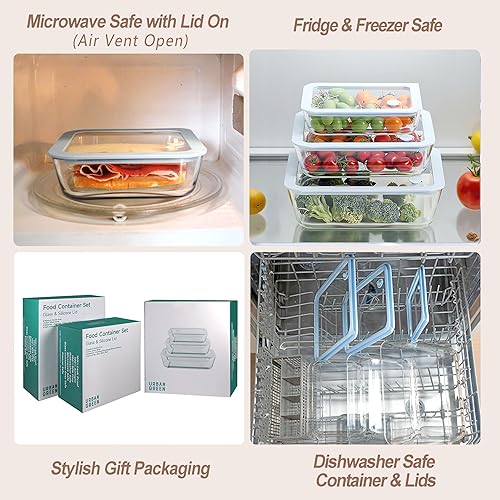 Miniatura 4 de Urban Green Juego de recipientes de vidrio para alimentos con tapa de vidrio, paquete de 6, recipientes de preparación de comidas con tapa hermética