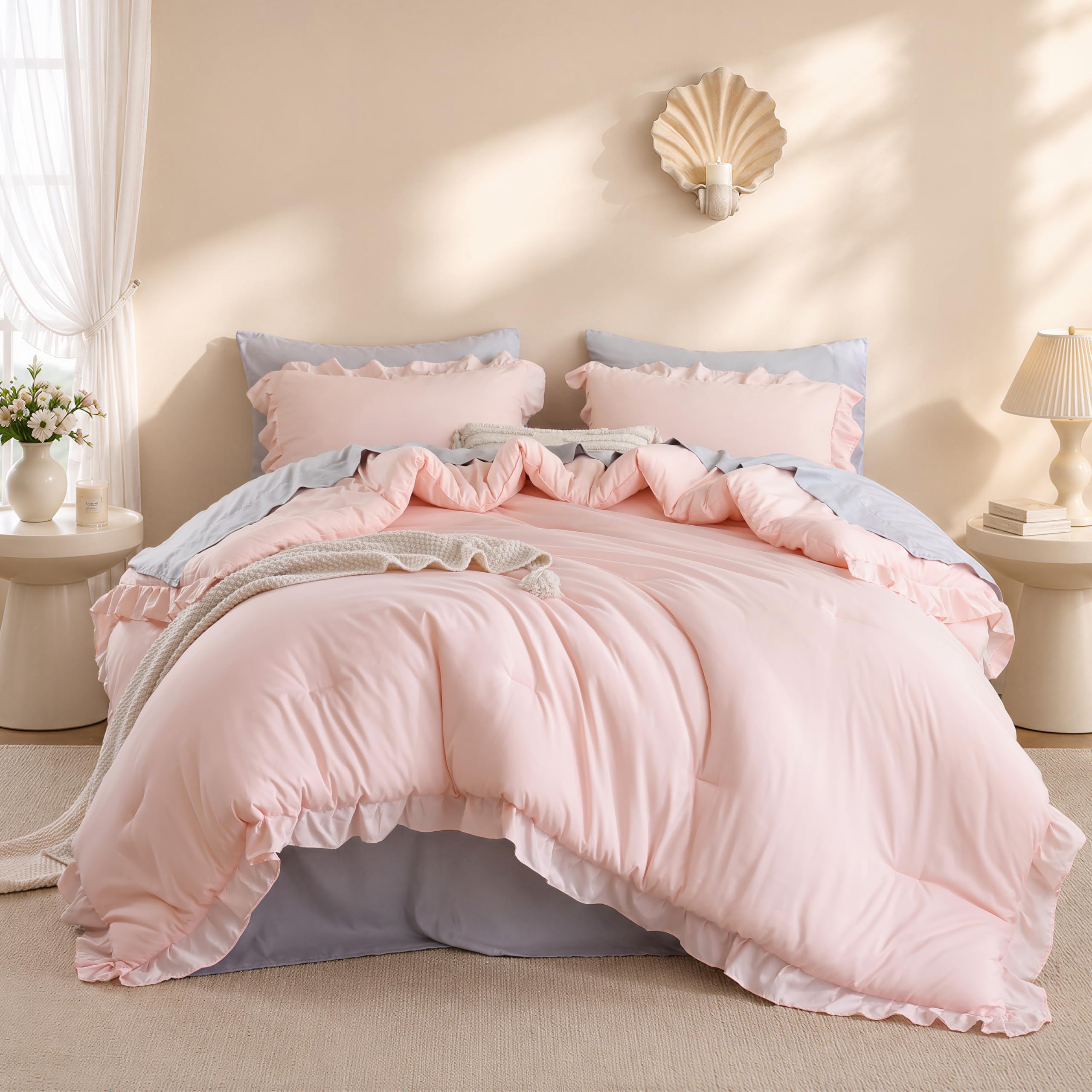 JANZAA Blush Pink Comforter Set Full, Ruffle Soft Bedding