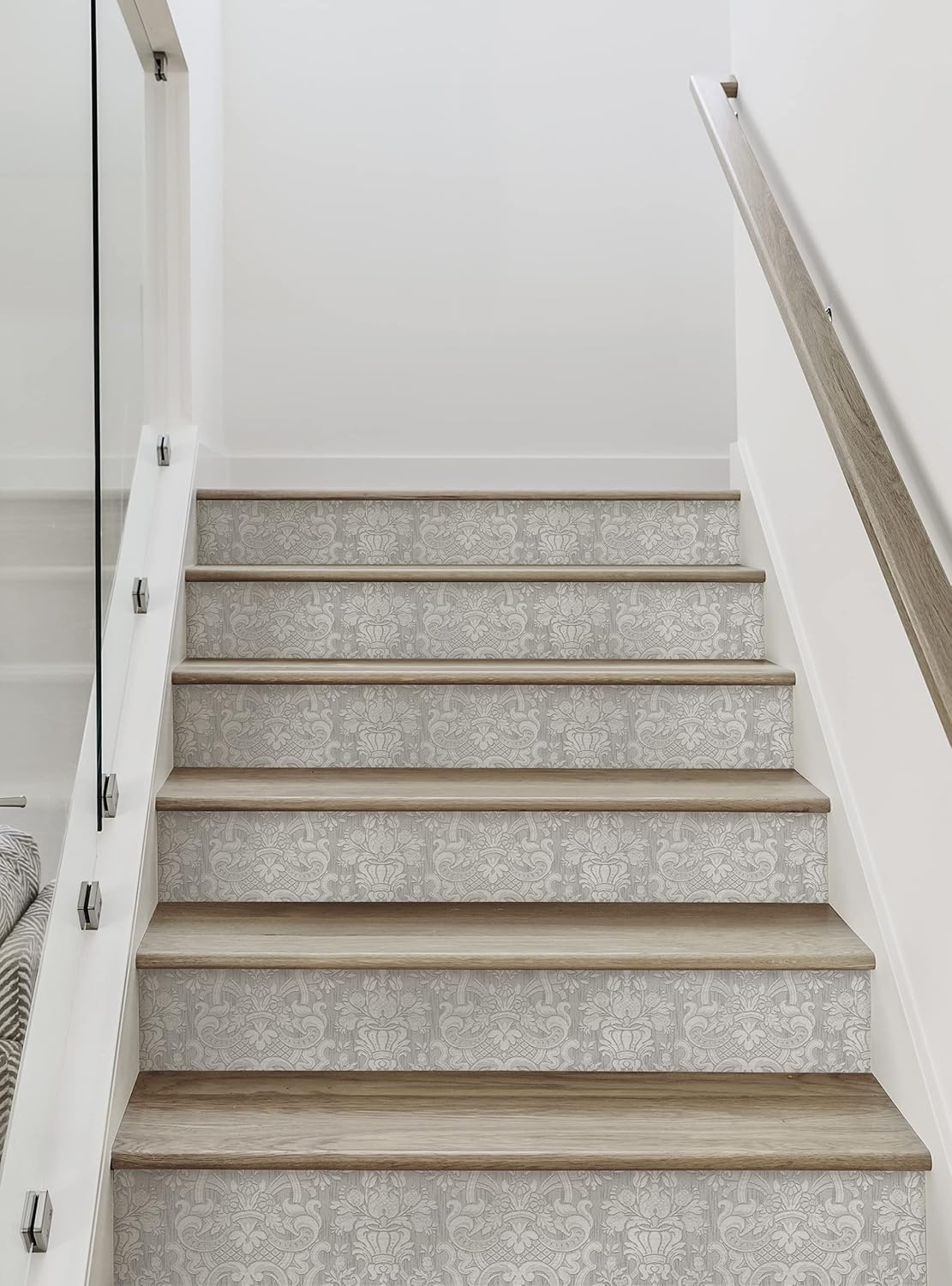 Damask Weaves Textured Look Peel and Stick Stair Riser Strips Vinyl Sticker Decal (6 Pack - 48" w x 7" h, Blue)