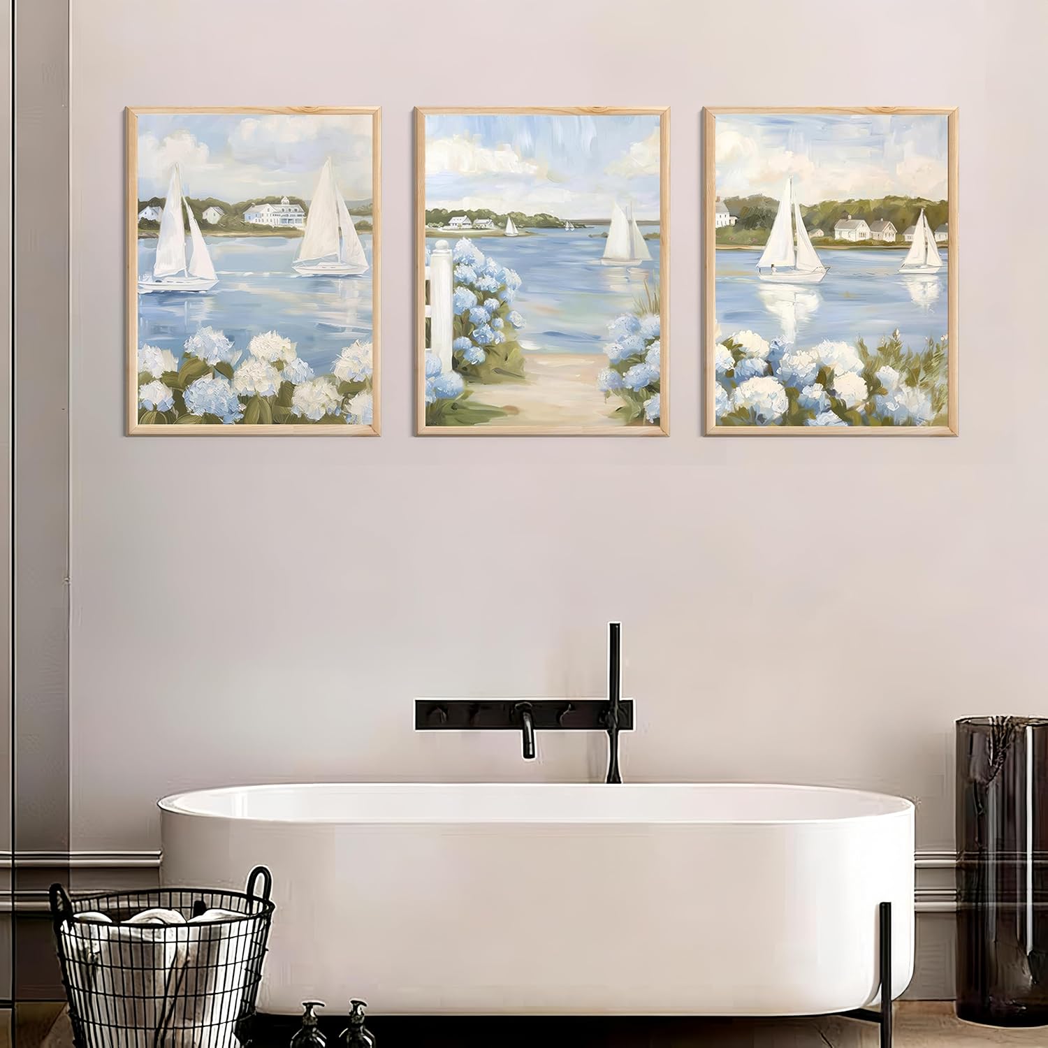 3Pcs Blue Seaside Hydrangea Canvas Wall Art Coastal Sailboat Pictuer Wall Summer Seaside Garden Prints Vintage Hydrangea Poster Seascape Landscape Pictures Painting For Beach House Living Room Bedroom 16x24in Unframed