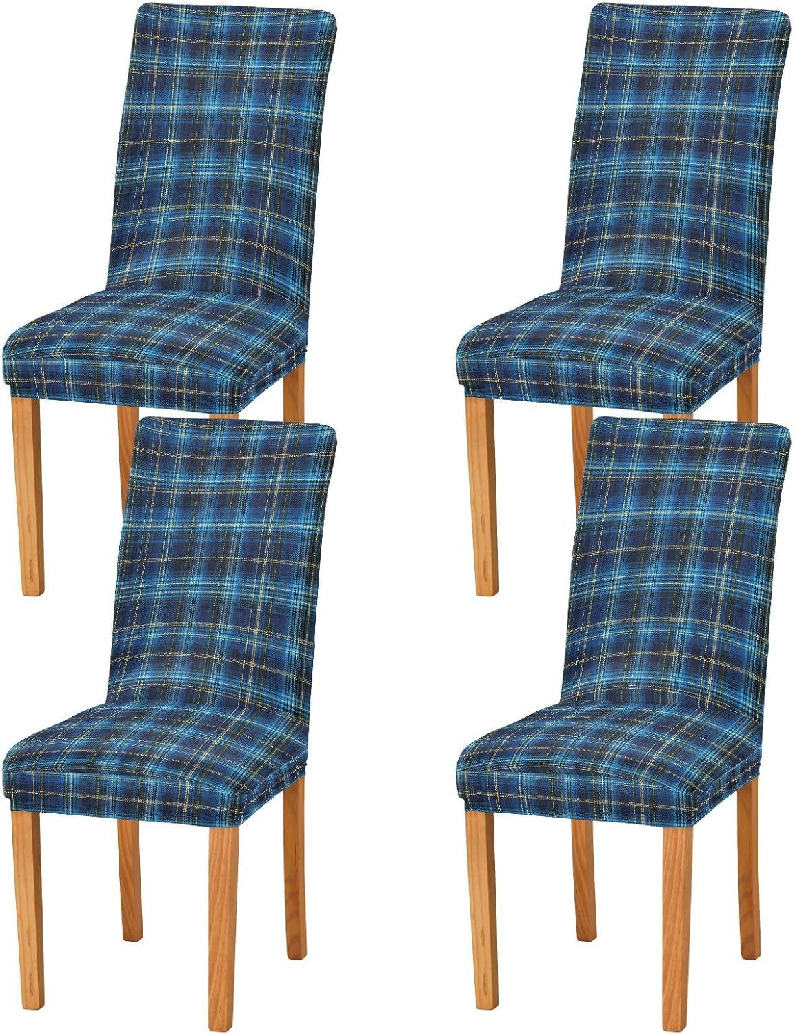 ALAZA Chair Covers for Dining Room, Blue Yellow Tartan Plaid Pattern -Tile Stretch Chair Cover Sets Chair Protector Removable Washable for Ktichen Restaurant Hotel