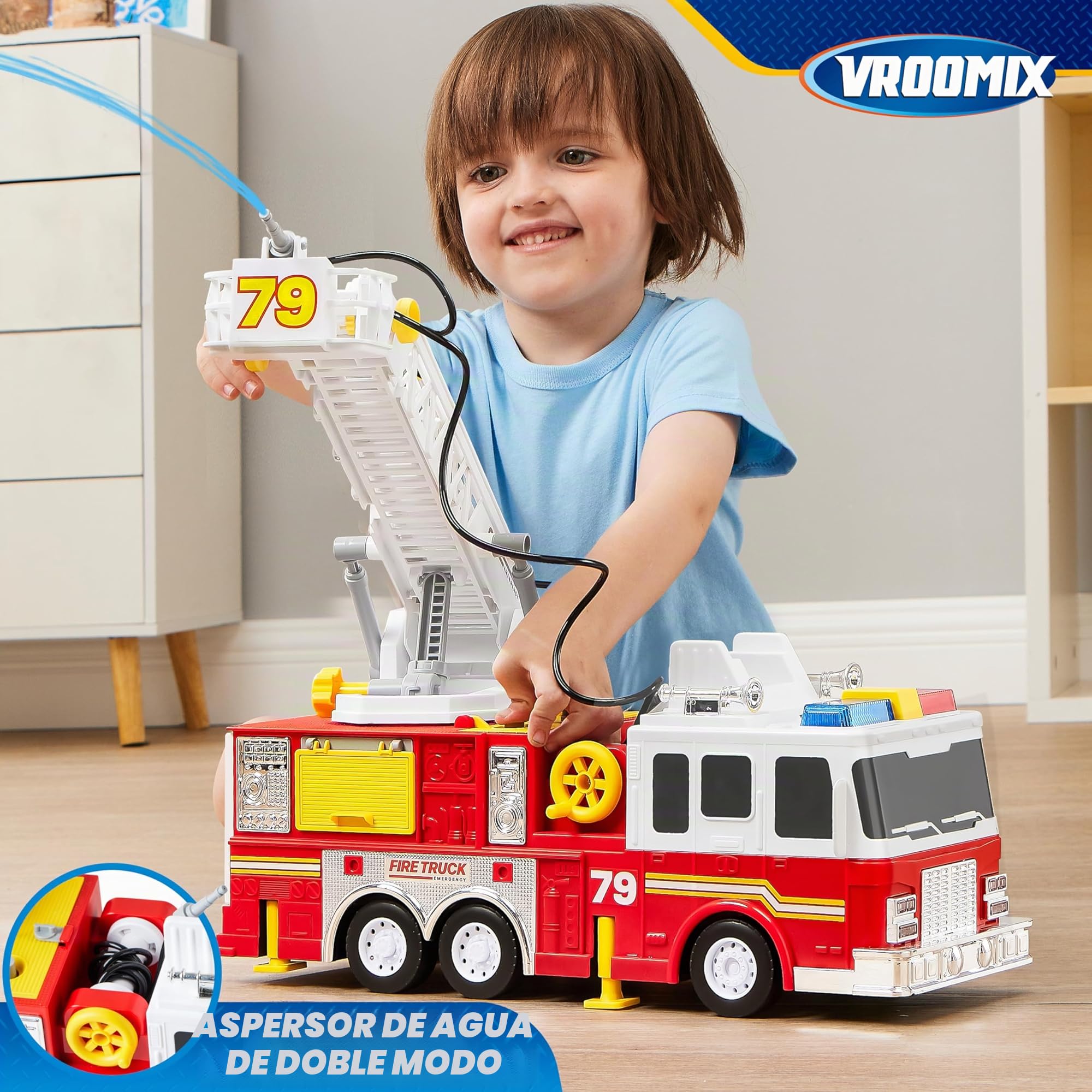 JOYIN Camión de Bomberos de Juguete Grande a Partir de 2 3 4 años, con Escalera de 83 cm, Coche de Juguete, Cuerpo Bomberos, Pulsadores Eléctricos, Luces, Sirenas, Manguera Giratorio y Bomba de Agua