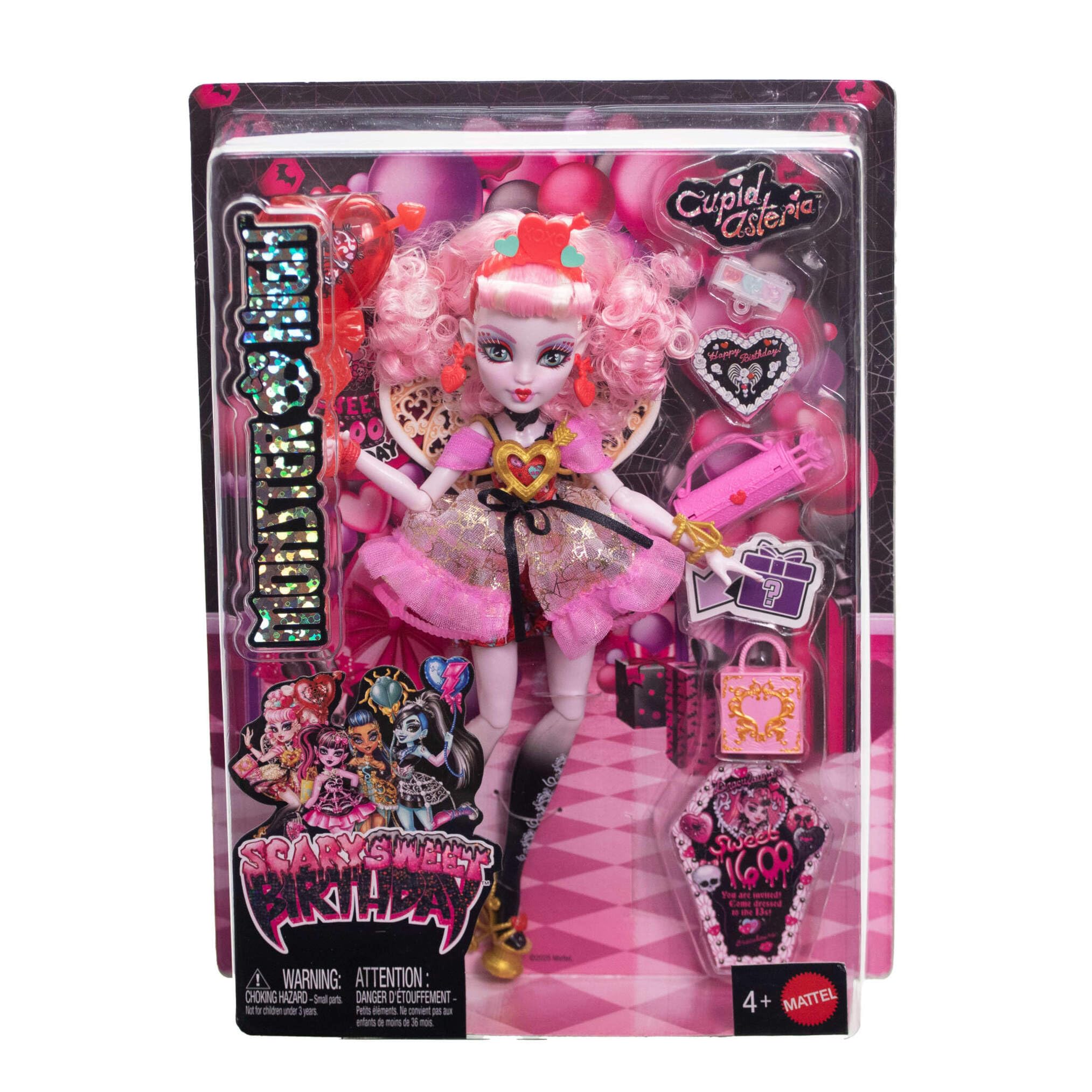 Monster High Cumplespantos Cupid Asteria Muñeca con vestido de fiesta rosa y rojo, y accesorios temáticos como una invitación, un globo, un regalo, un abanico y mucho más, JBG77