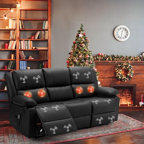 Reclining Sofa with Massage&Heat Function, Wall Hunger Recliner Couch 3-Seat Manual Faux Leather RV Sofa Couch, Home Theater Seating, Black
