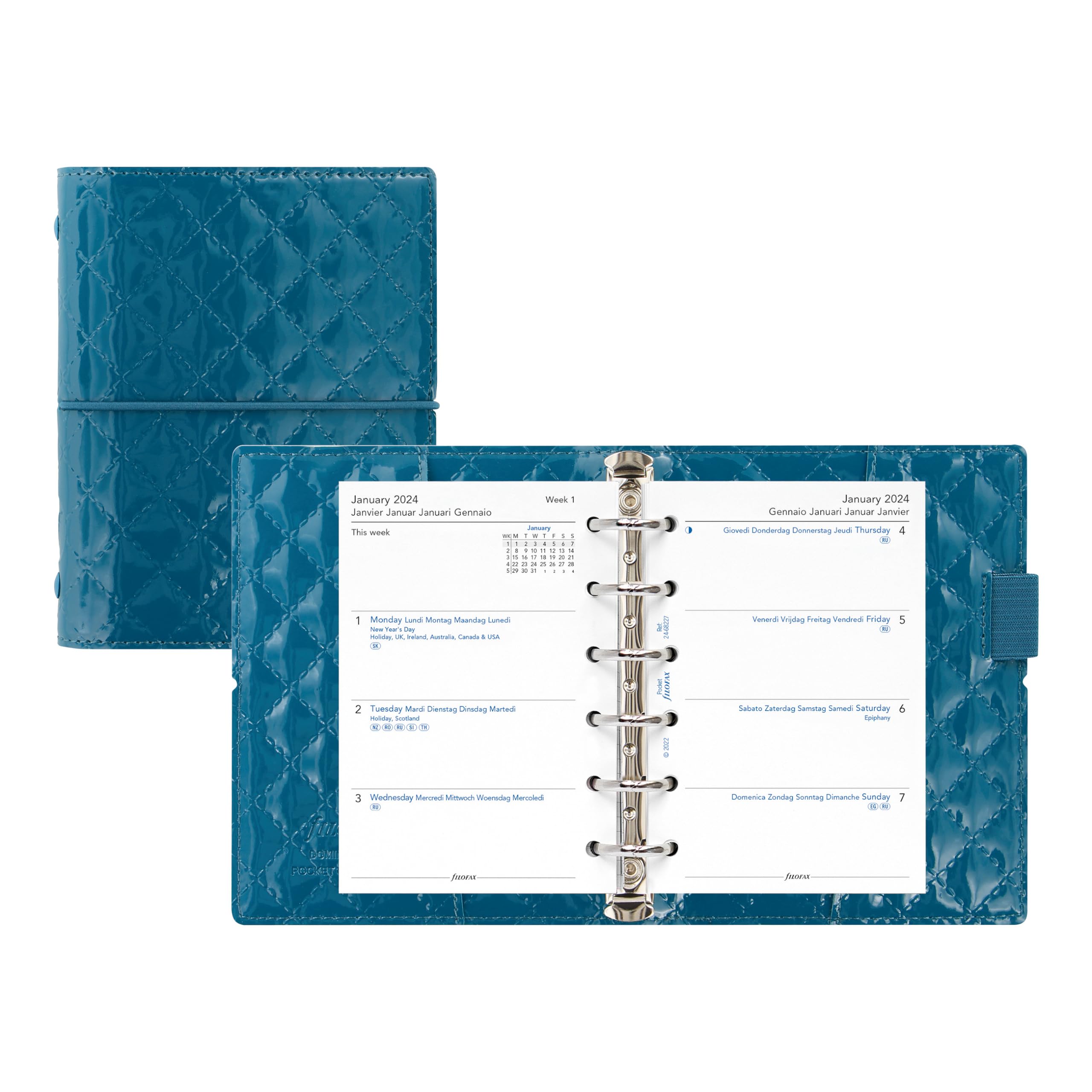 Filofax Domino Luxe Organizer, Personal Size, Teal - High-Gloss, Quilted Effect Cover, Parisian Inspired, Six Rings, Week-to-View Calendar Diary - View #8