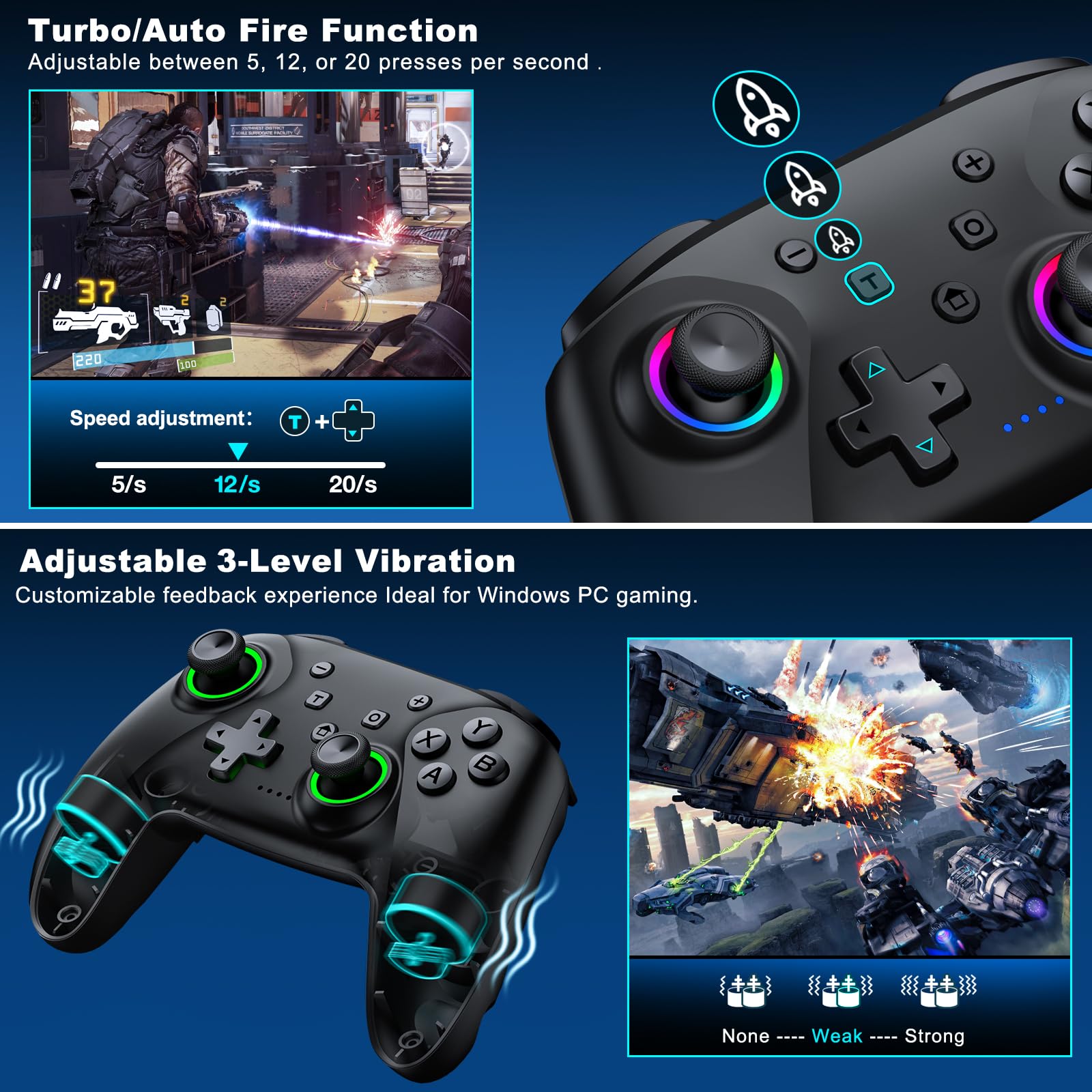 CoguyTech Wireless PC Controller mit Hall Joystick, Bluetooth Gamepad, kein Drift, RGB Licht, 10 Stunden Spielzeit