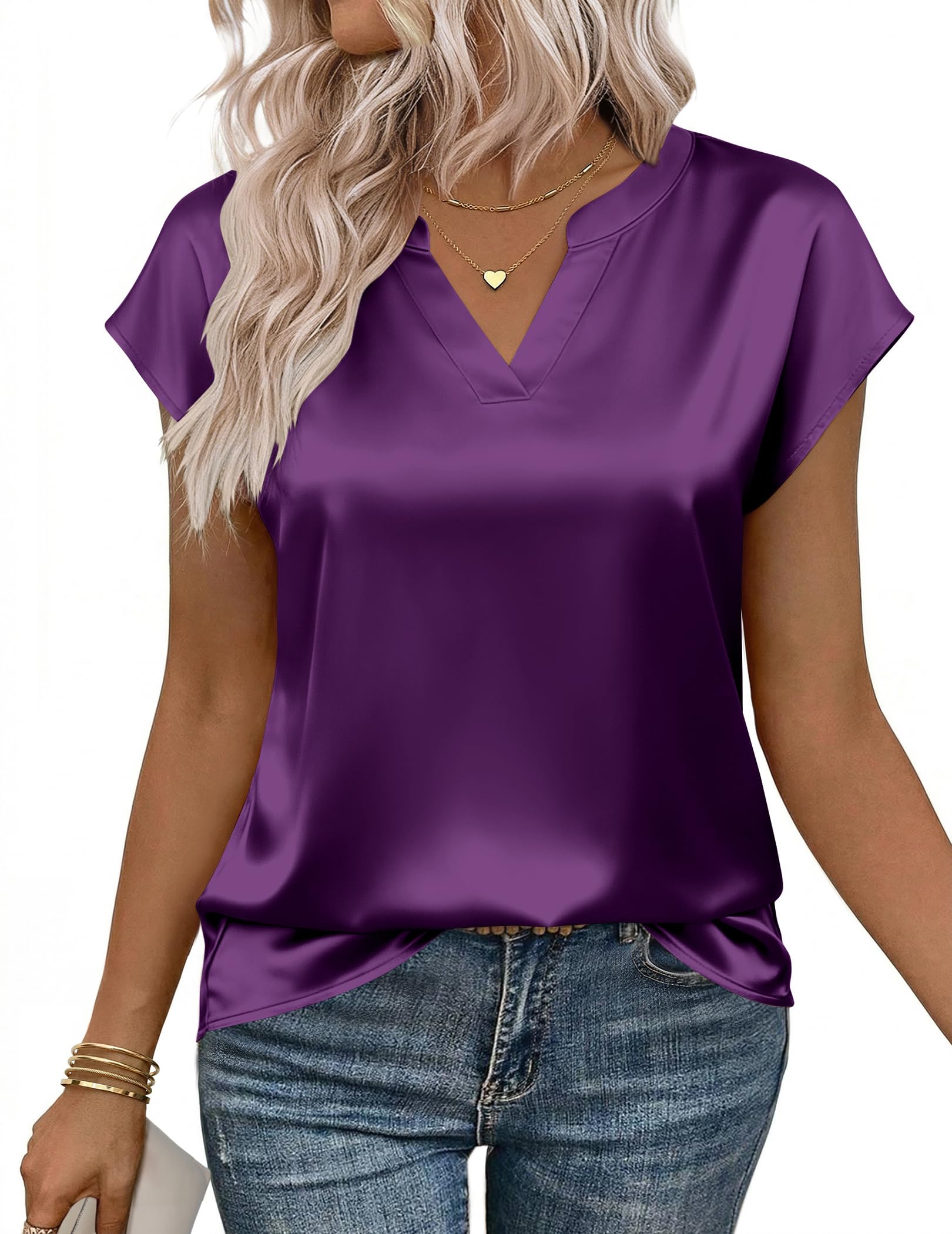 Zeagoo Women Tops Silk Satin Blouses V Neck Summer Shirts Cap Sleeve Business Casual Dressy Spring Clothing — view 15