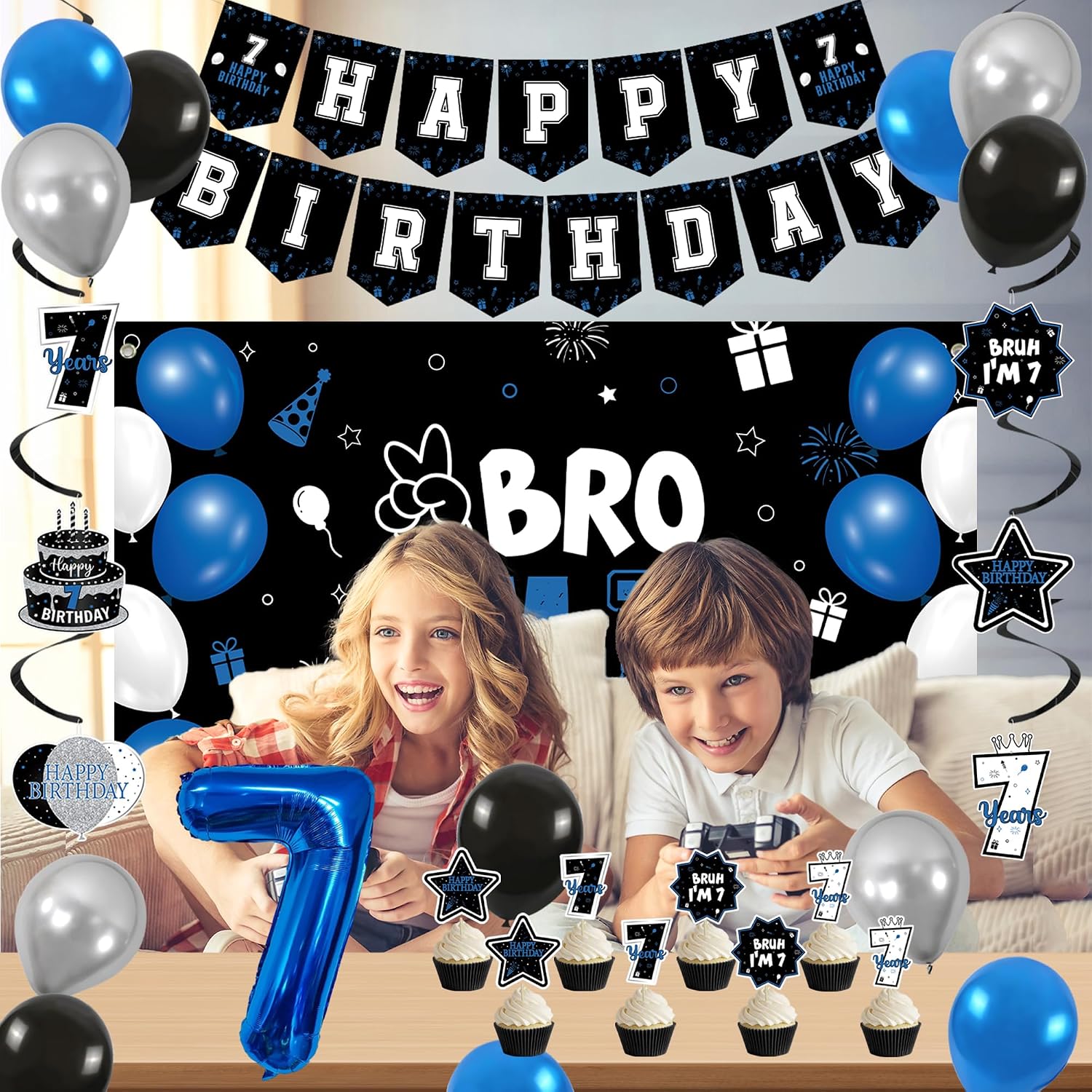 Vlipoeasn Blue 7th Birthday Decorations Set for Boys Girls(35PC) | Bruh I'm 7 Backdrop Banner, Number 7 Balloon, Cake Topper, 7th Birthday Hanging Swirls, 7 Years Old Birthday Party Supplies