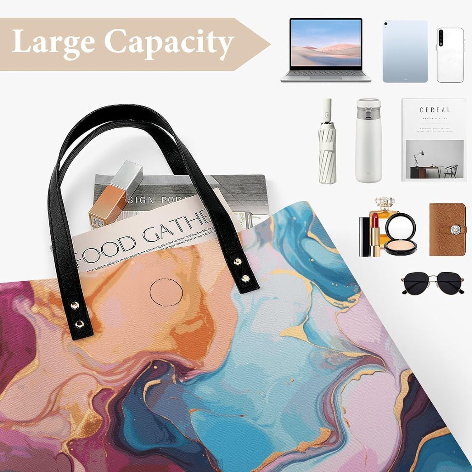 Colorful Marble Tote Bag with Magnetic Buckle Reusable Grocery Bags Lightweight Cross Body Handbag for Daily Essentials