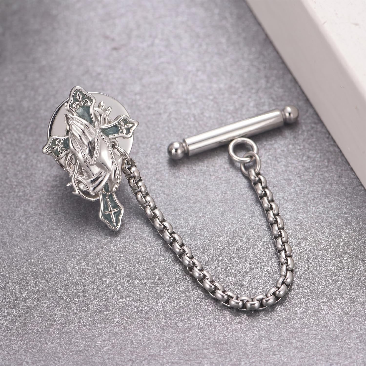 Praying Hands Cross Tie Pin Sterling Silver Plated Turquoise Tie Tack Religious Jewerlry Gifts for Men