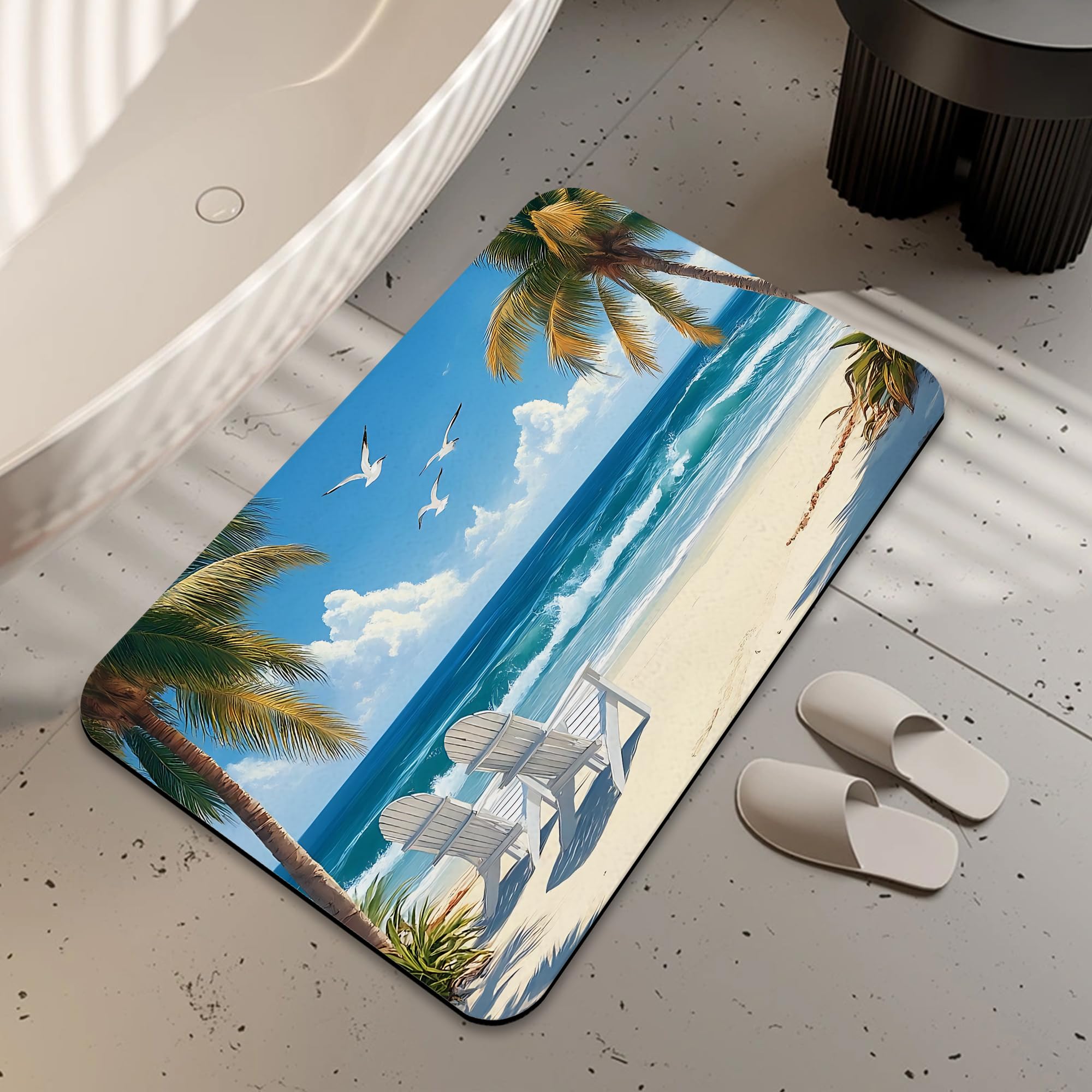 LUOENY Bath Mat Non Slip Backing Thin Beach Scene Bathroom Rug Fit Under Door Quick Dry Absorbent Bathroom Floor Mat Shower Rug for in Front of Bathtub Shower 75x43 cm