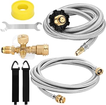 Propane Brass Tee 4 Port Adapter Kit with 5FT and 12FT Stainless Hoses | Extend a Stay Rv Propane Kit for Tank RV Camping Connecting Auxiliary Propane Bottles and Appliances