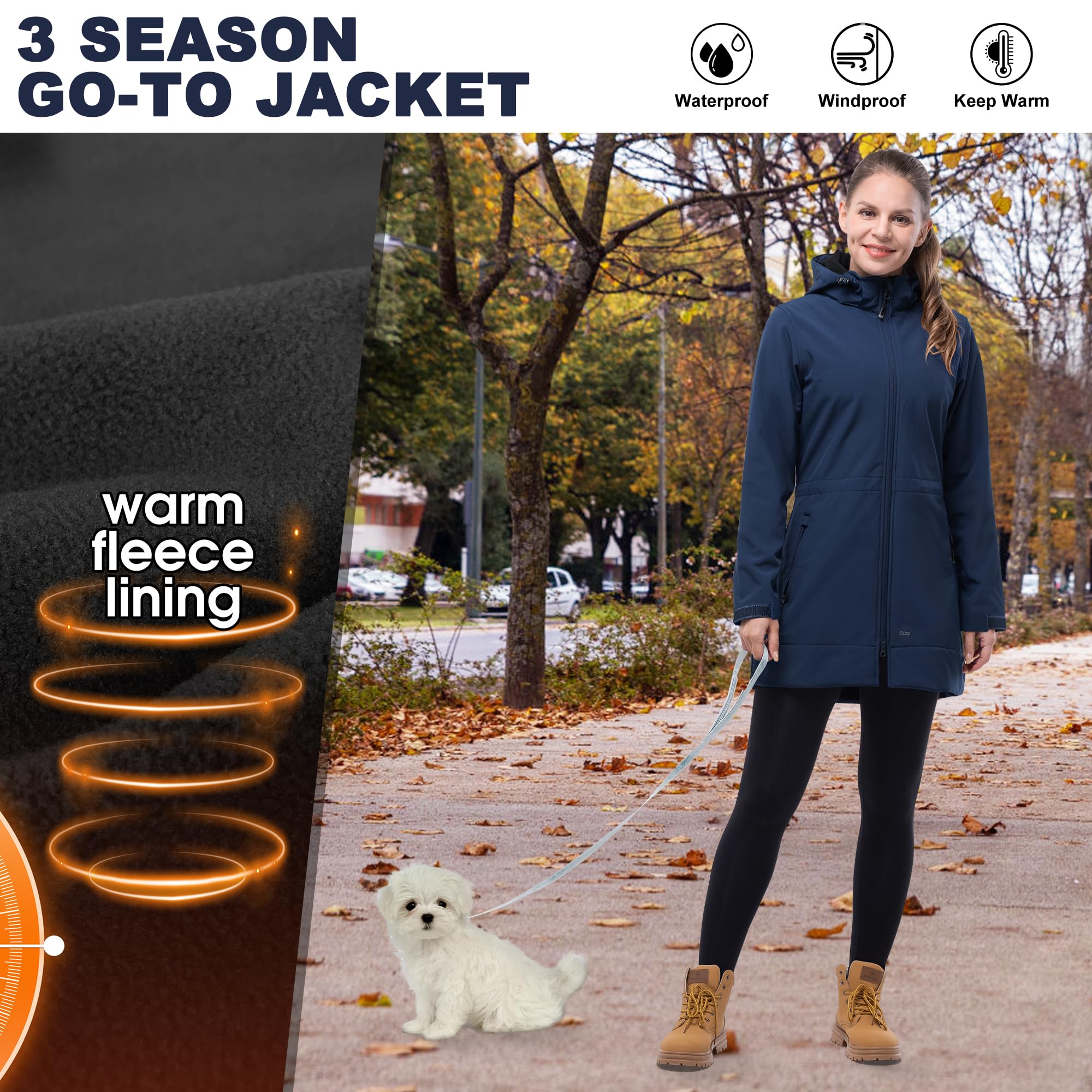 Chaqueta larga de softshell para mujer con capucha forrada de forro polar, resistente al viento, impermeable, cortavientos