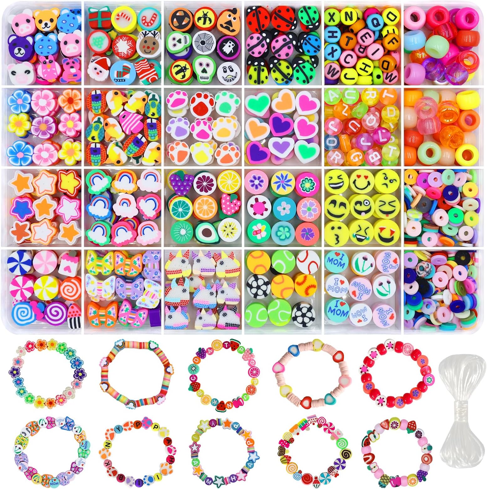Redtwo 660 Pcs Polymer Clay Beads Bracelet Making kit, 24 Style Cute Fun Clay Beads, Clay Bead Charms for Jewelry Necklace Earring Making, DIY Bracelet Making Accessories for Kids Girls Age 6-13
