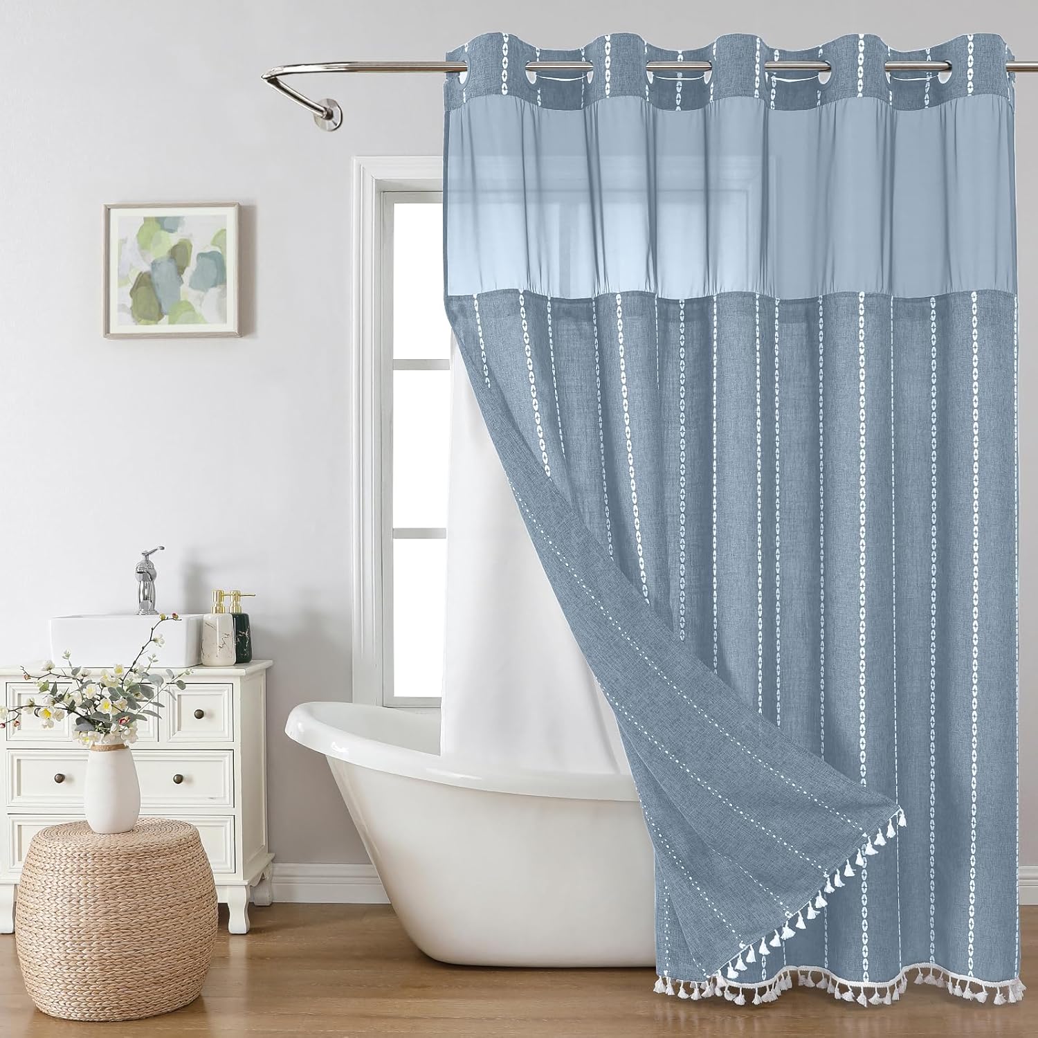 Boho Farmhouse No Hook Shower Curtain Set with Snap-in Fabric Liner,Heavy-Duty Linen Textured Rustic Striped Design,Water-Repellent with Tassels and Sheer Window,Blue,71x74