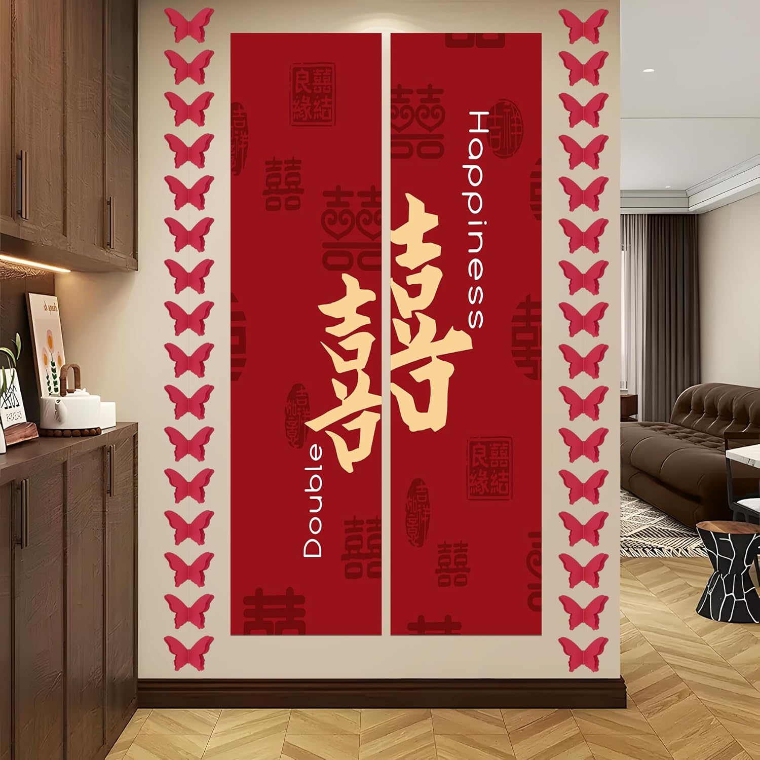 HannaFires 6PCS Wedding Party Double Happiness Decoration Set – Red Xi Banner with Butterfly Garlands & Long Scrolls, Traditional Wedding Room or Hotel Décor for Bride and Groom, Meaningful Gift