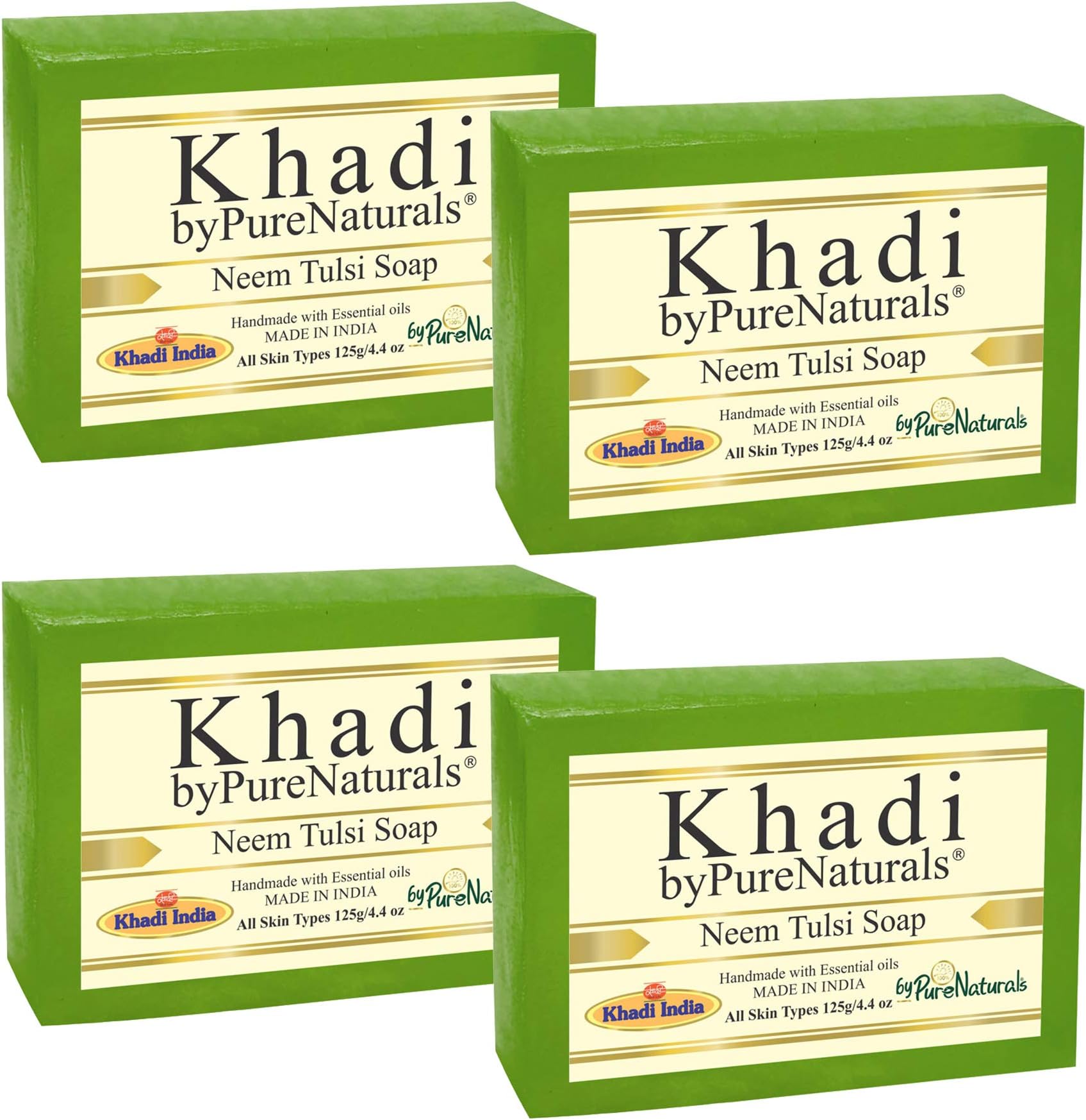 byPureNaturals Khadi Neem Tulsi Soap 125gm (Pack of 4) | Natural Herbal Handmade Bar with Essential Oils | For All Skin Types | Organic Glycerin Soap For Men and Women