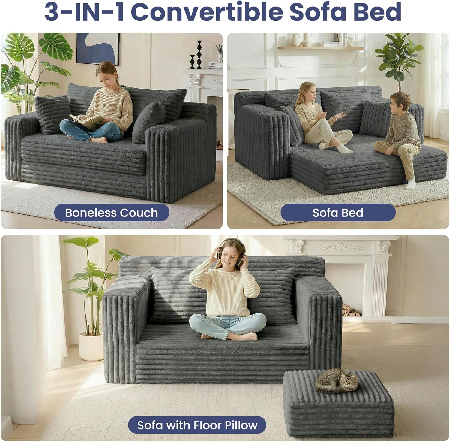 3-in-1 Convertible Sofa Bed: Boneless Loveseat Sleeper & Folding Couch Bed with 4 Pillows & Detachable Cushion, Furry Futon Couch for Bedroom, Apartment, Office and Living Room, No Assembly, Grey