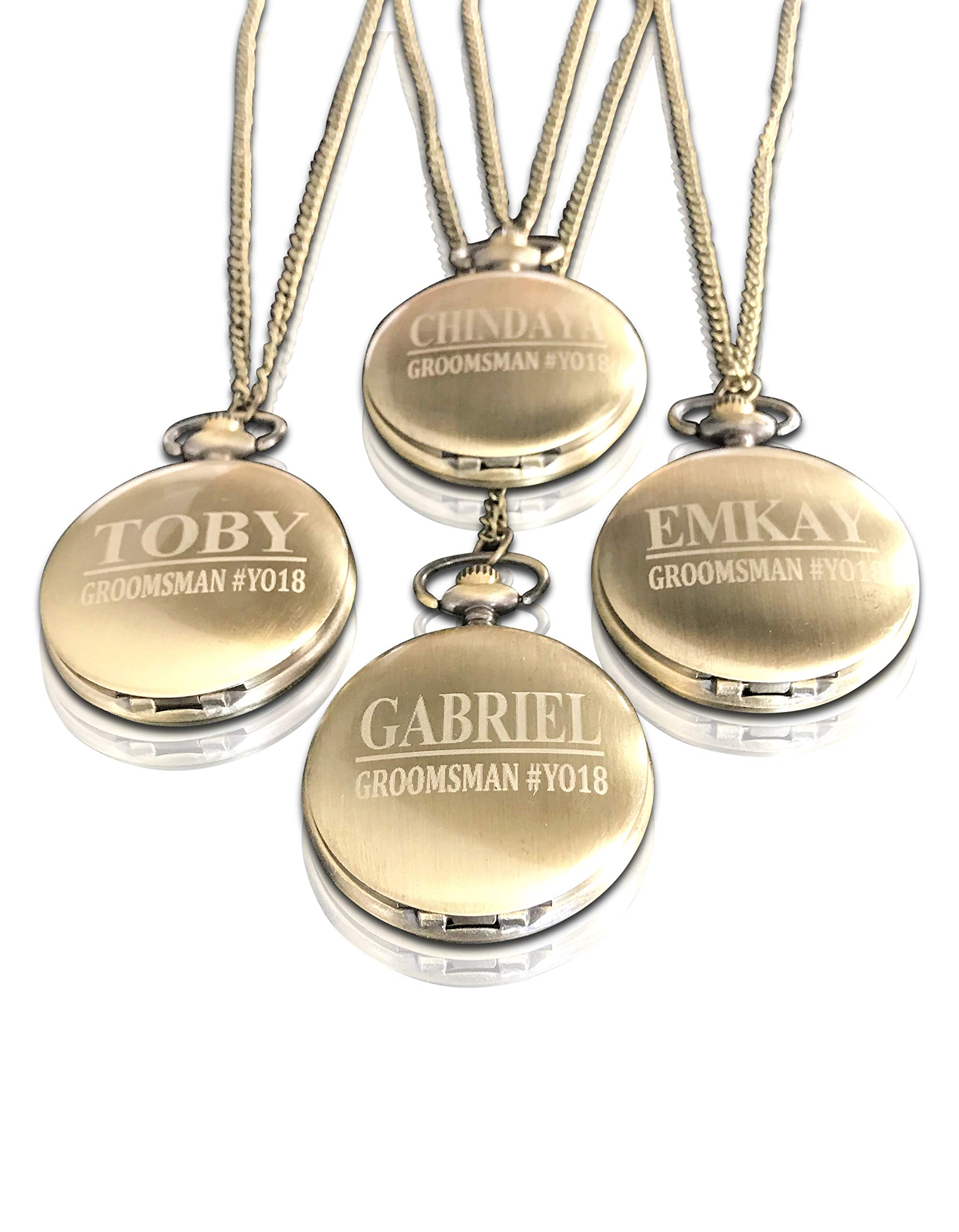 Gold Custom Engraved Pocket Watches - Set of 4 Gift Set Weddings - Groomsmen Personalized Watches with Chain, Engraving and Box Included (Gold Polished)