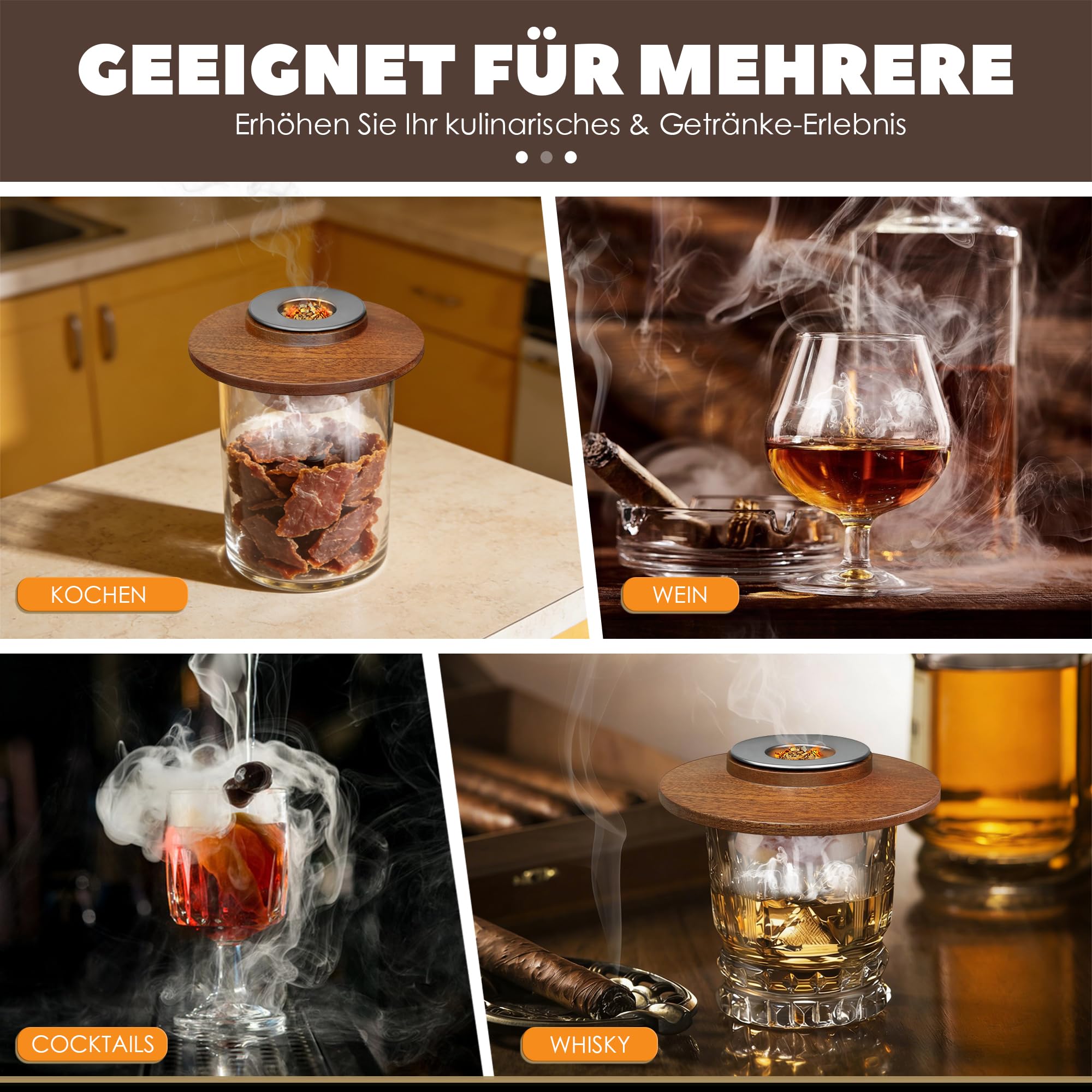 Whisky Räucher Set mit 2 Edelstahlfiltern & 4 Geschmack Holzspäne, hochwertiges Sapele Räucher-Set für Cocktails, Partys, Geschenk für Männer