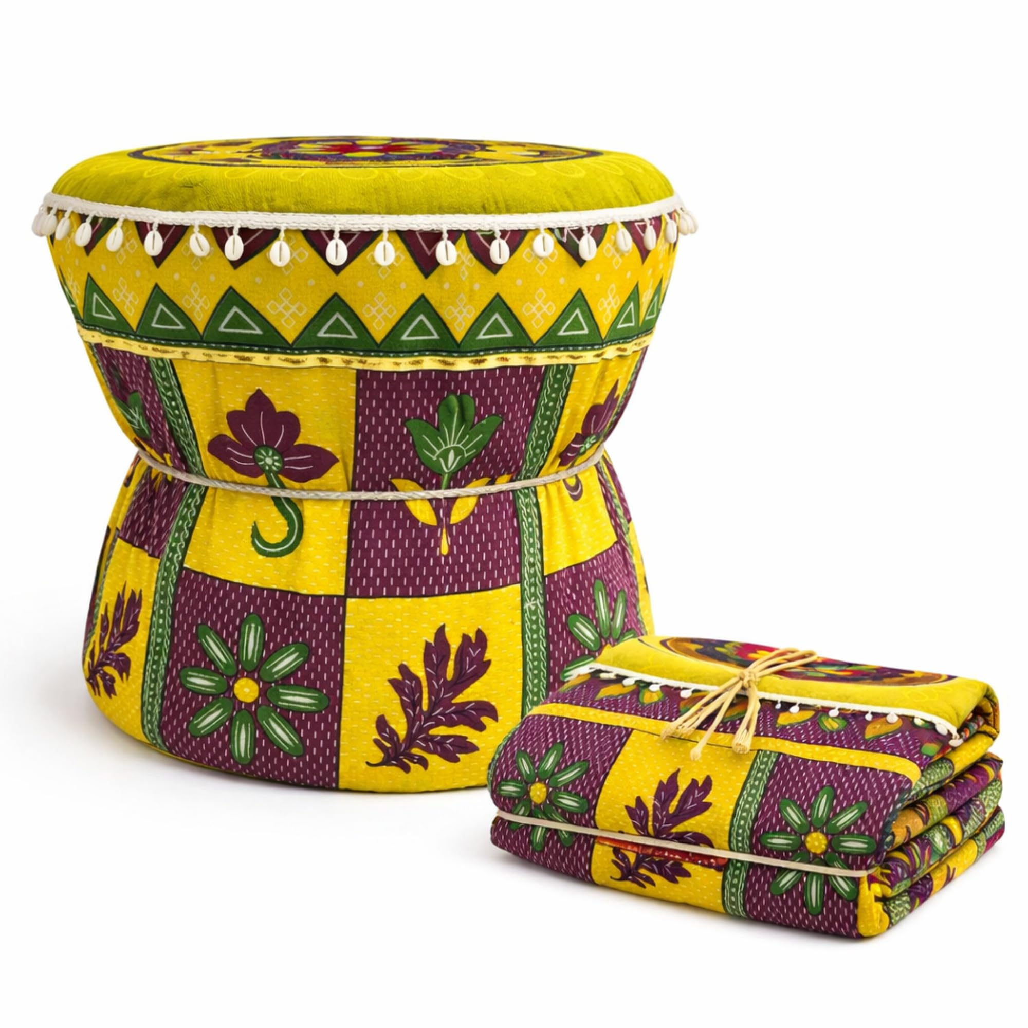 Handcrafted Muda Cover Orange & Green Colorful Pure Cotton Pouffs with Floral Embroidery Decorative Ottoman for Living Room & Balcony Seating Set of 1 Piece Cover ONLY-image-20